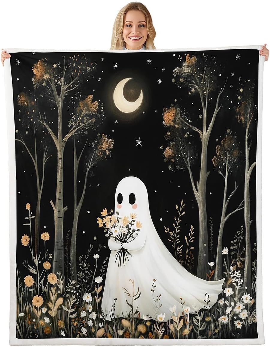 Cute Ghost Fleece Blanket,Funny Pizza Fast Food Halloween Oil Paint Bed Blanket for Kids Teens,Kawaii Pink Bowknot Princess Style Flannel Blanket for Room Decor,Queen 90"x90"