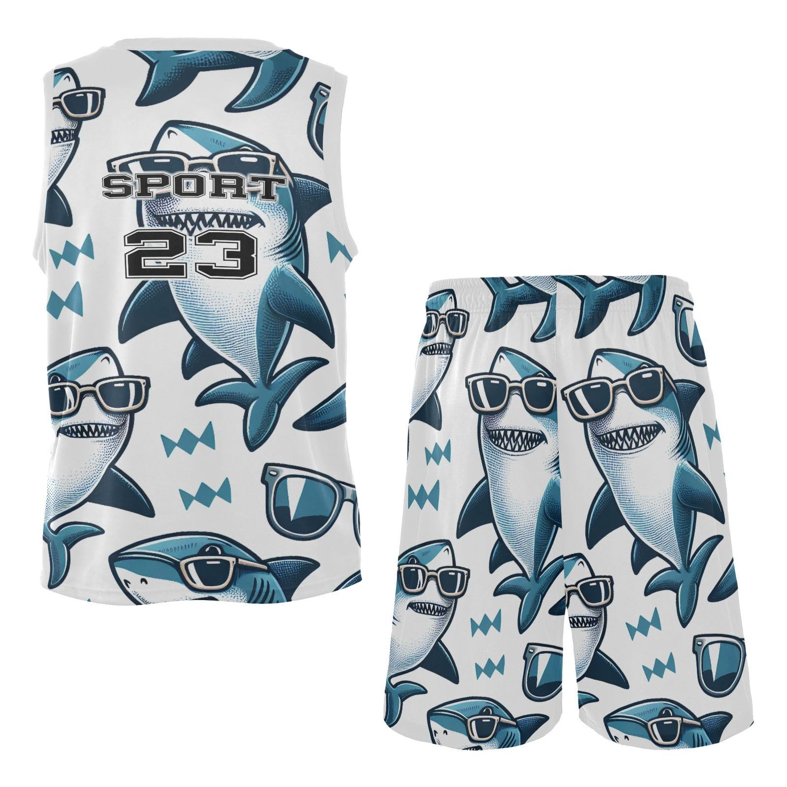 FLildon Funny Sharks Boys Basketball Jersey Set Tank Top Shorts Tracksuit Sport Training Suit for Kids, S