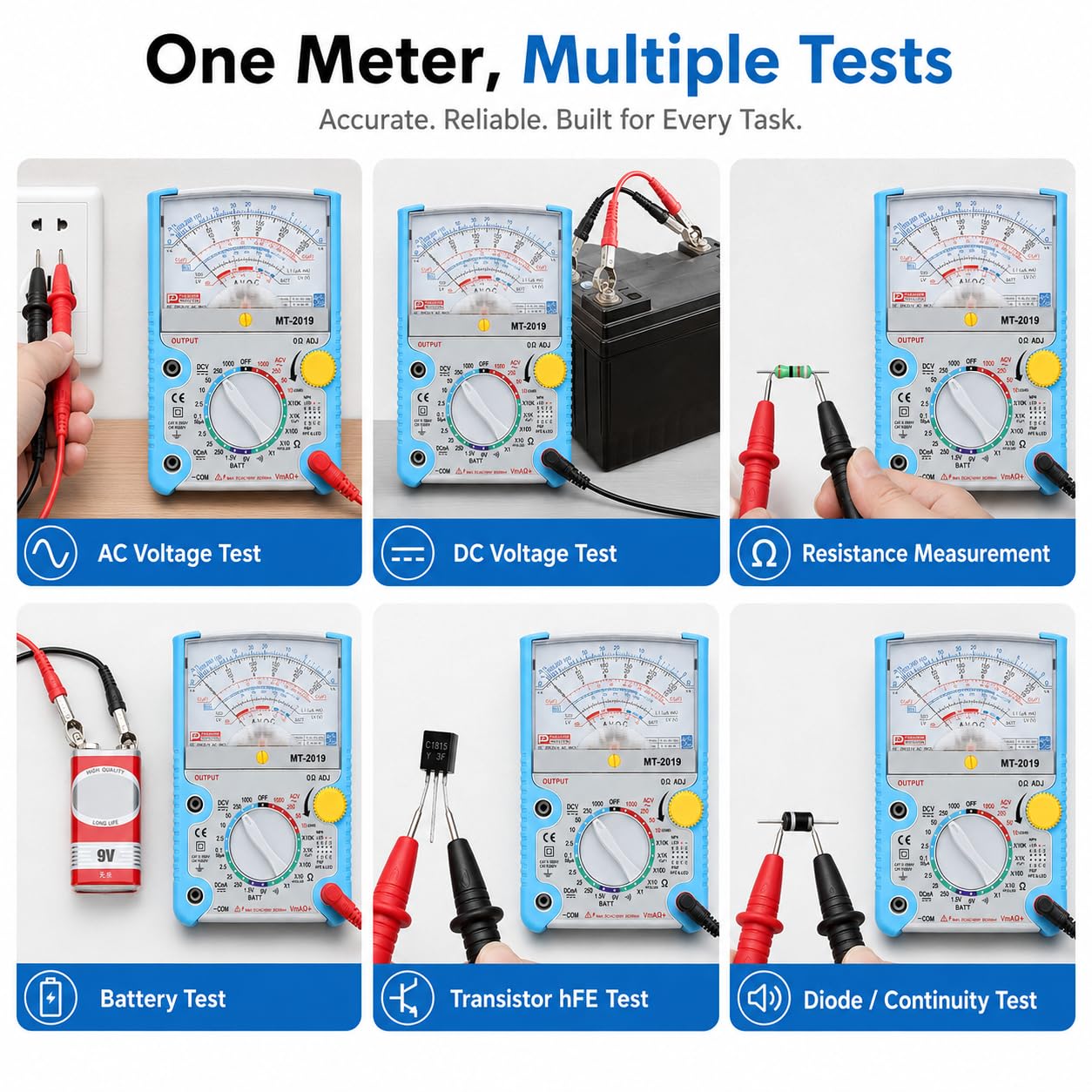 Multimetro Analogico Tester Elettricista Con Puntali | Tester Elettrico Multimetro Voltmetro Amperometro Ohmetro Tascabile Per Ac/Dc Tensione, Dc Corrente, Resistenza E Batterie