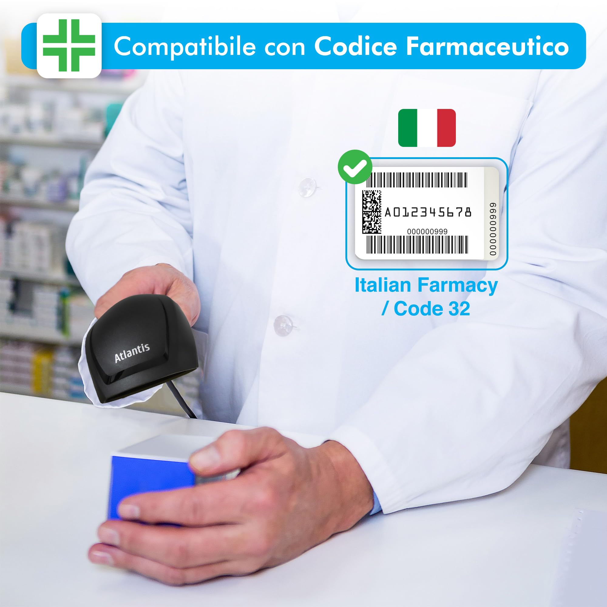 Atlantis A08-LN1100 Lettore Codici a Barre Barcode reader scanner 1D Ottico ad alta risoluzione 2500 pix, 100 scansioni sec, legge da smartphone, codice farmaceutico, collegamento USB, guida rapida.