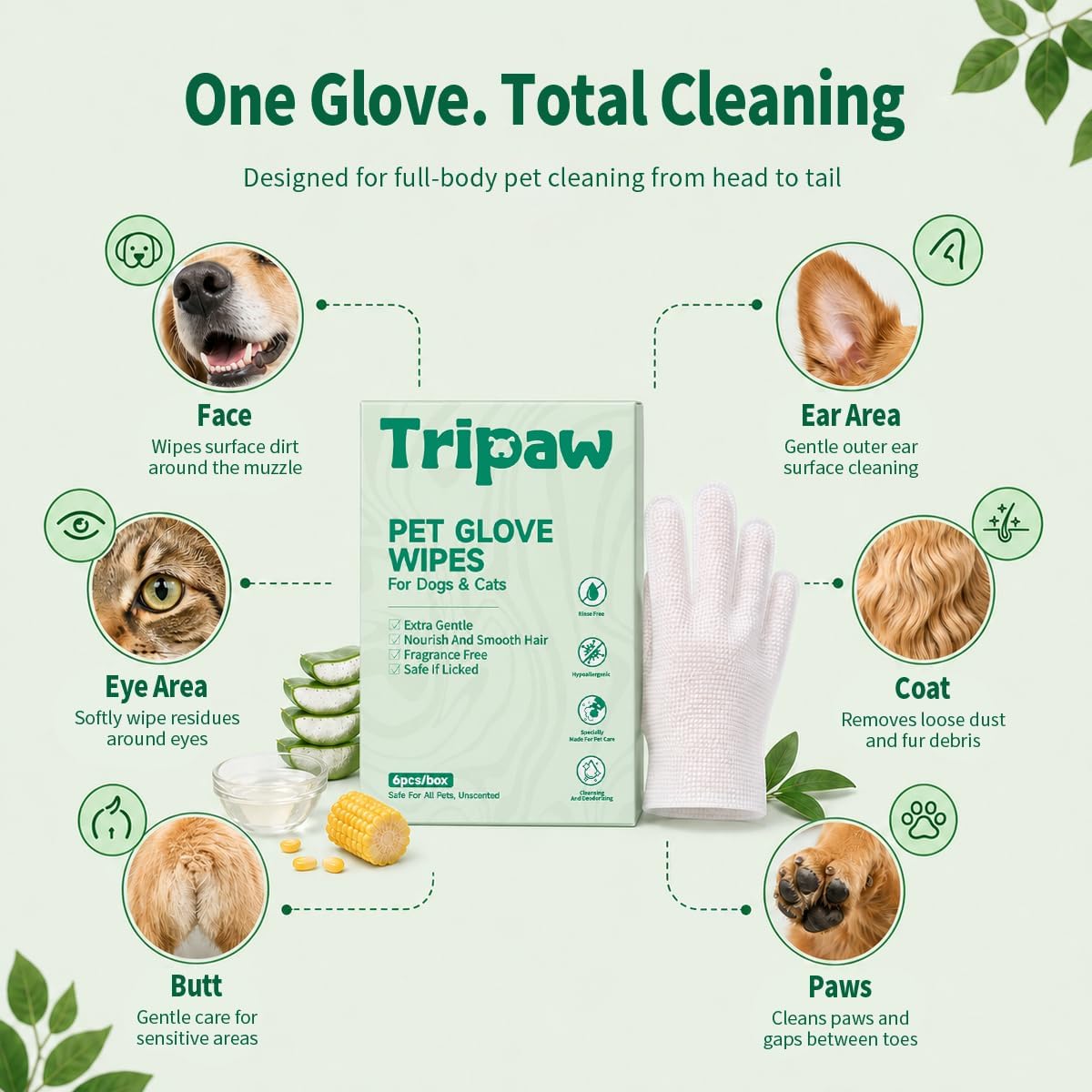 Disposable Pet Glove Wipes 6 Count, No‑Rinse Thick Wipes for Dogs&Cats image 4
