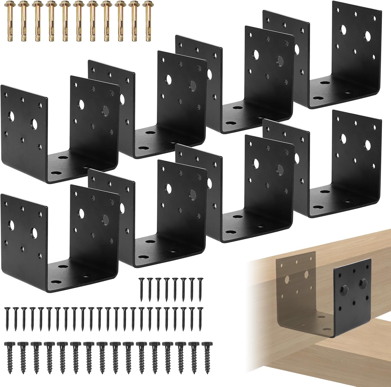 8 PCS Black Half Post Base, Steel Anchor Connector, Mounting Joist Hanger Brackets for 4"x4" Wood Posts With Screws, Thickness 3mm