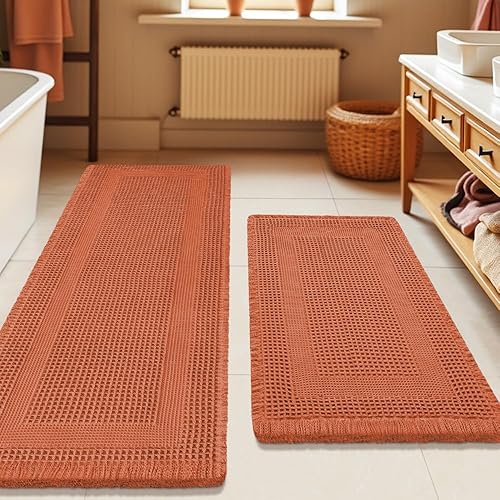 Miniatura 56 de Tapete de baño de punto gofre, moderno, tejido bohemio, absorbente, antideslizante, ultrasuave, lavable a máquina, con borlas, para baño