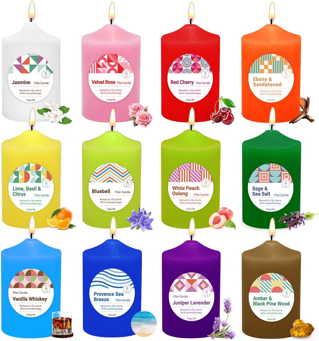 Home Scented Color Pillar Candles Set of12-2x3 inch - Dripless and Smokeless Large Pillar Candles, 20-Hours Long Burning Time Paraffin Candle for Dinner Table, Christmas and Home Deco