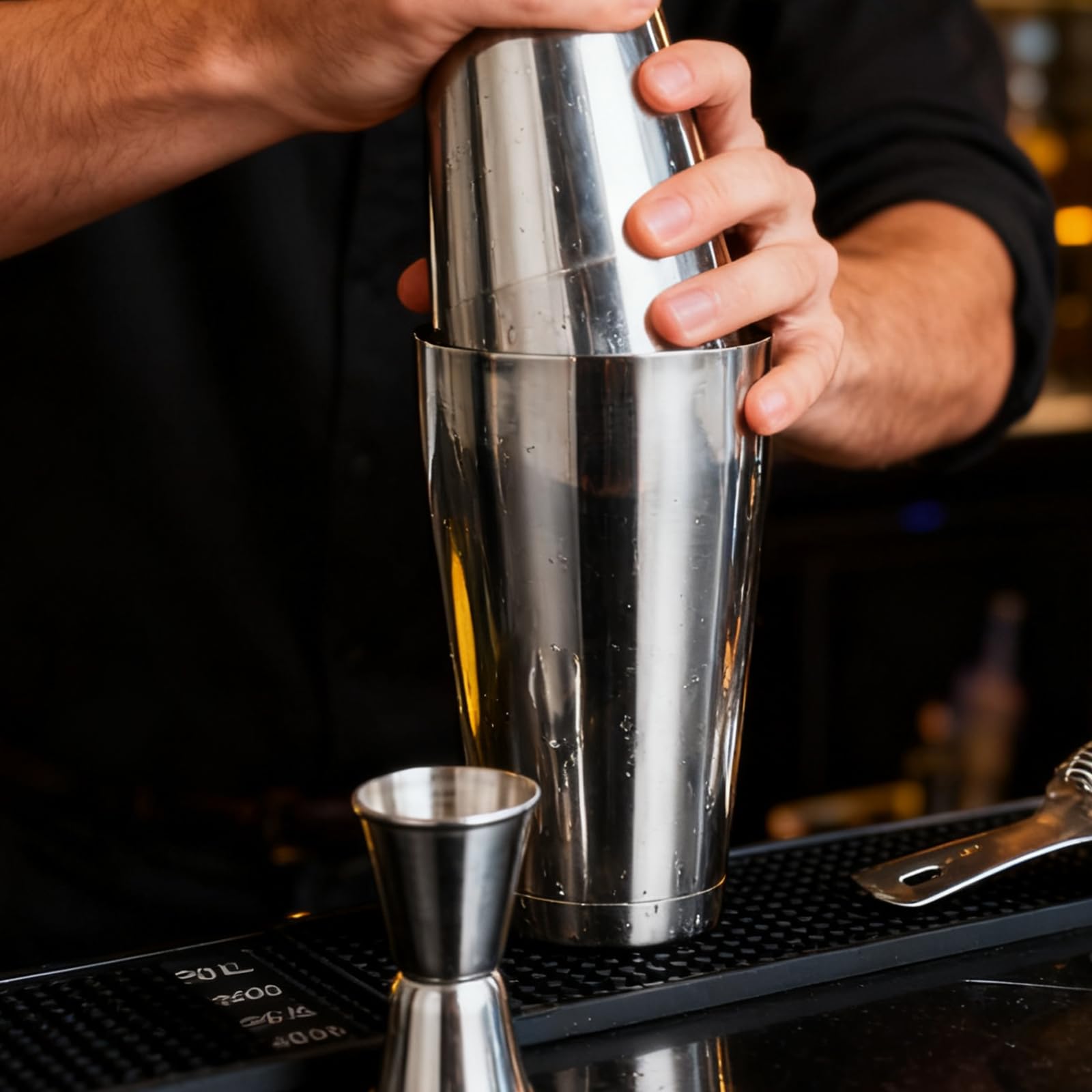 Boston - Set shaker da cocktail da 600 ml e 450 ml, in acciaio inox, con colino e misurino, in metallo, accessori da bar di alta qualità, shaker professionale Boston per Bartending