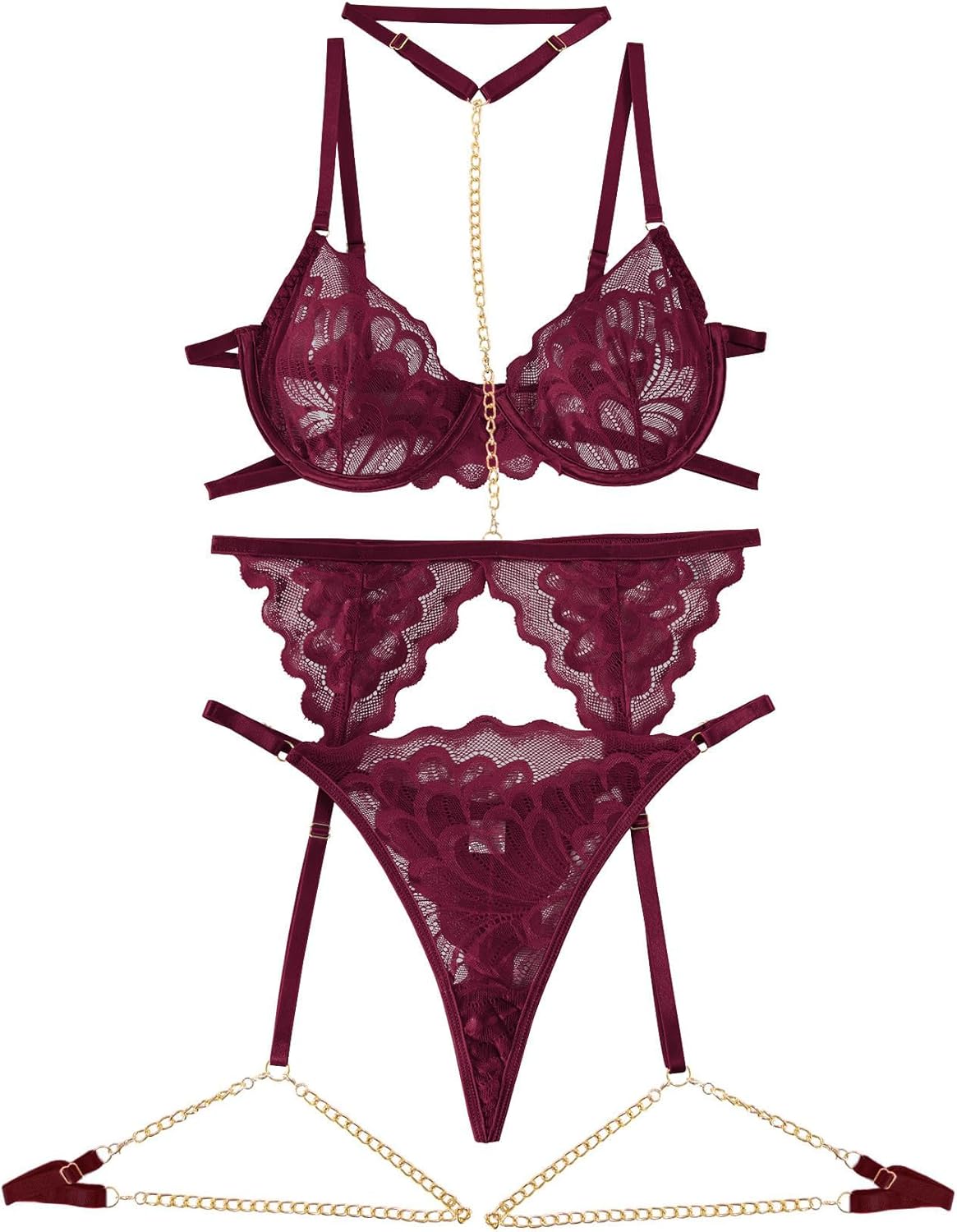 Lilosy Sexy Choker Floral Lace Scallop Sheer Underwire Push Up Garter Belt Lingerie Set 3 Piece