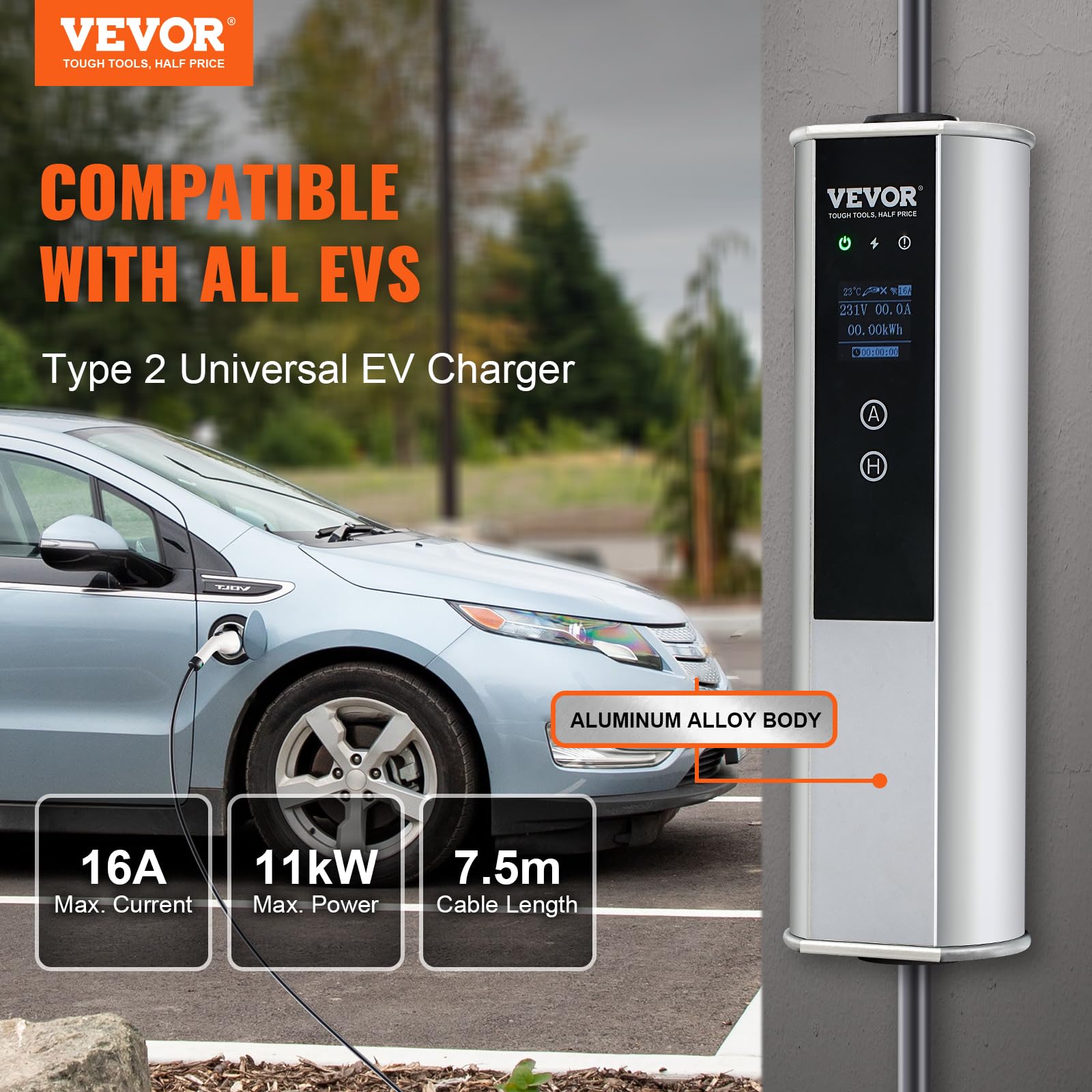 VEVOR Przenośna ładowarka EV typ 2 IEC6219 ładowarka samochodowa 16 A 3,68 kW jednofazowy 11 kW trójfazowy kabel ładujący 7,5 m wtyczka CEE 16 LCD IP66 z torbą do przechowywania haczyk na kabel