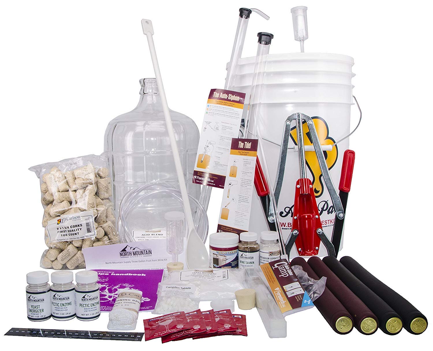 North Mountain Supply 3 Gallon Wine From Fruit Complete 32pc Kit With Glass Carboy - Only Fruit & Bottles Required With 3 Gallon Glass Carboy