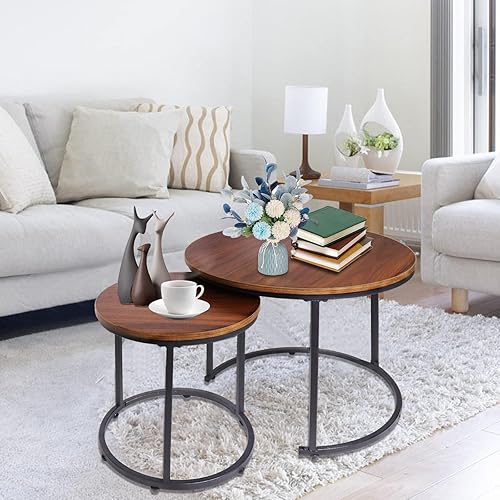 Miniatura 8 de VILAWLENCE Juego de 2 mesas auxiliares redondas apilables laterales con marco de metal resistente, modernos juegos de mesa de noche industrial 23.6