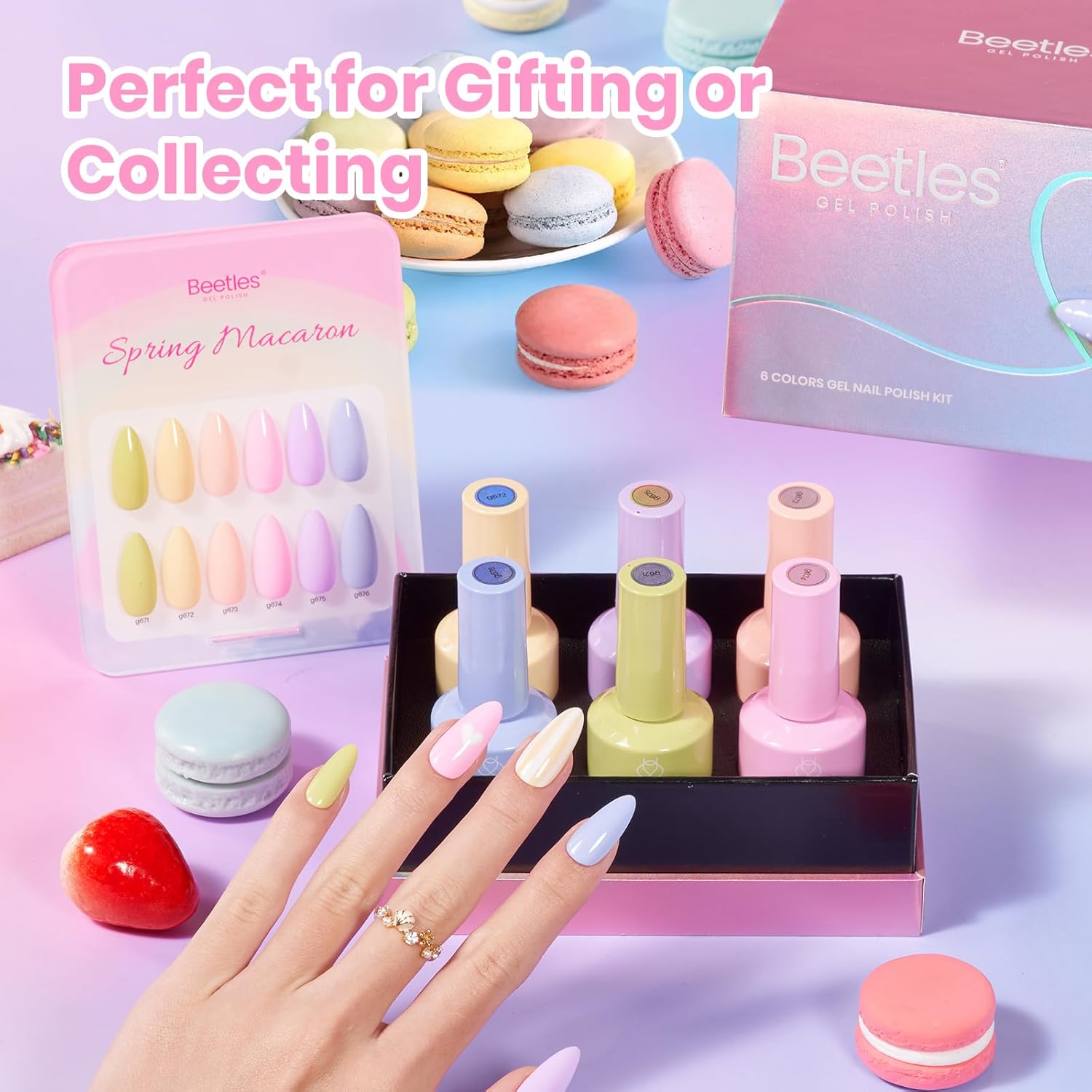 beetles Pastel Gel Polish Set - Spring Macaron Collection, 6 Colors 15ML Full Size Pastel Colors Gel Polish with Color Swatch, Soak Off UV LED Summer Spring Nails Art Kit for Women