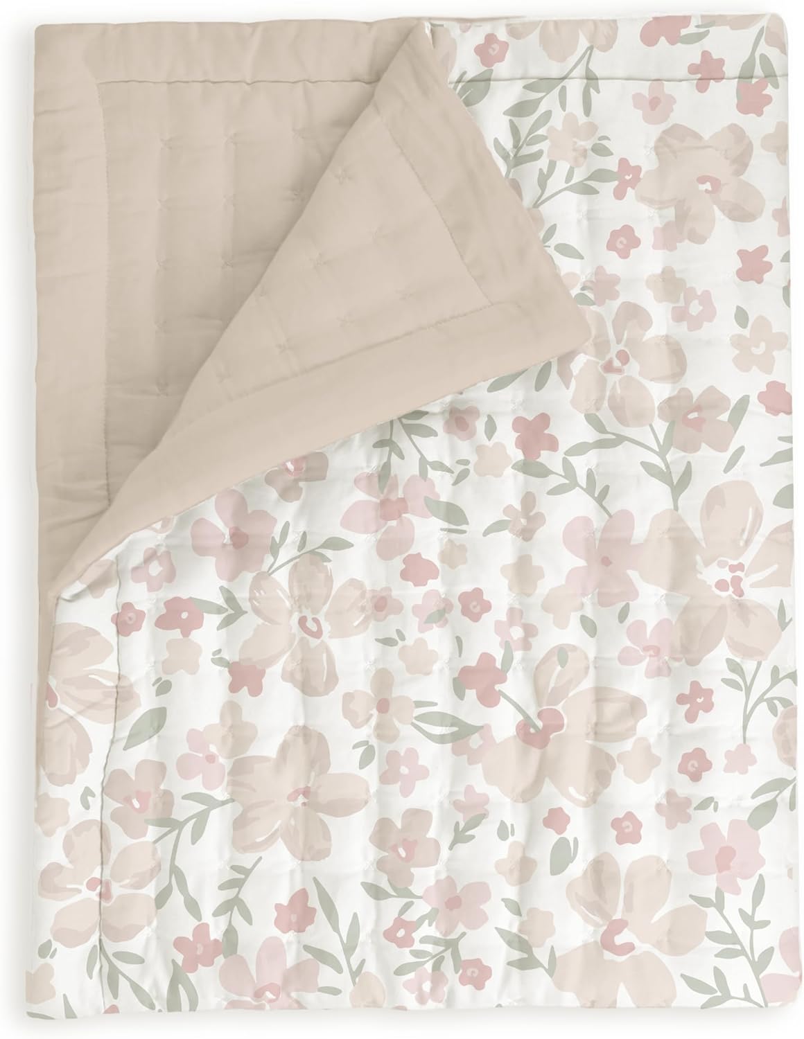 MakeMake Organics Organic Toddler Comforter GOTS Certified Organic Kids Blanket Cotton Infill Tufted - Reversible Ultra Soft Breathable Boys Girls (44"x60", Blossom + Solid Taupe)