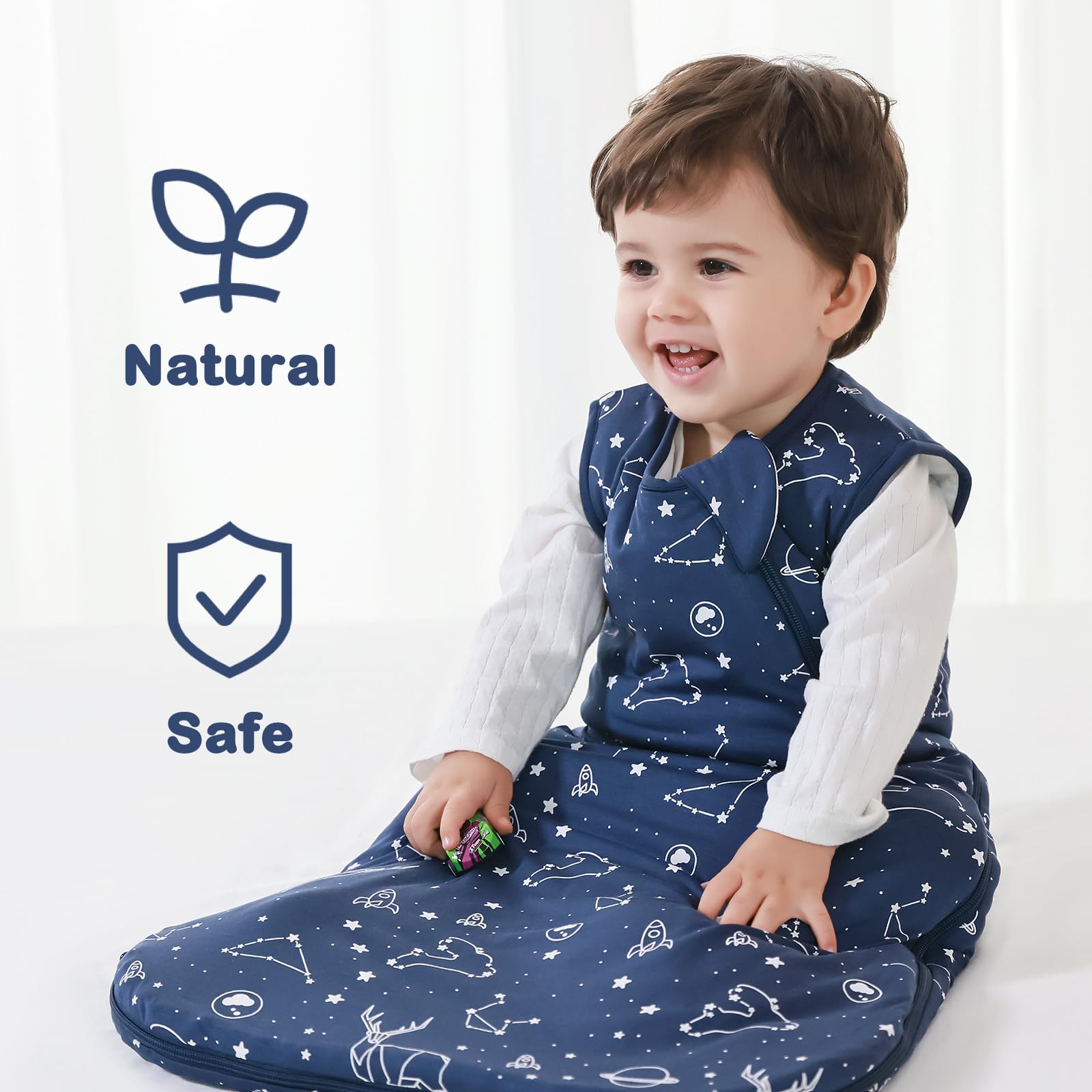 Mosebears Sacco nanna invernale per bambini 2,5 tog,Sacco Nanna Neonato in fibra di bambù, morbidissimo e caldo(Navy Blue,S(0-6 mesi)
