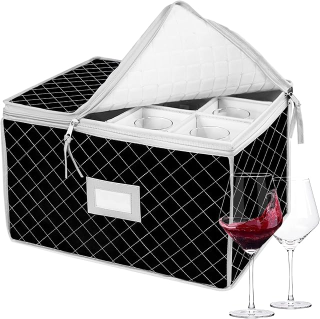 VERONLY Wine Glass Storage Box Protector Carrier for Stemware Glassware Moving, Foldable Organisier Case Container with Dividers for Water Glasses,Cupboard,Camping,Caravan (Black)