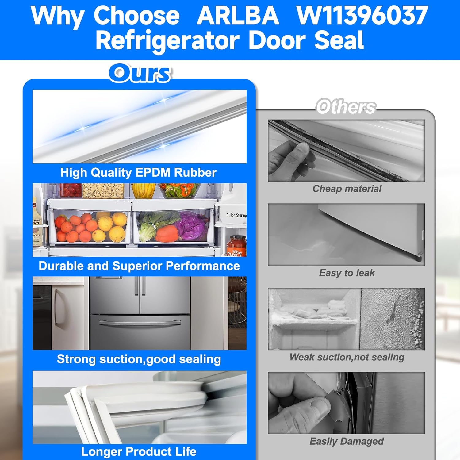 Upgraded 41.81"x 16.93" W11396037 Refrigerator French Door Gasket Compatible with Whirlpool,Kitchen Aid and Kenmore Refrigerator Door Seal WPW10443236 W10830057 W10443236 W10165979 W10163896 White