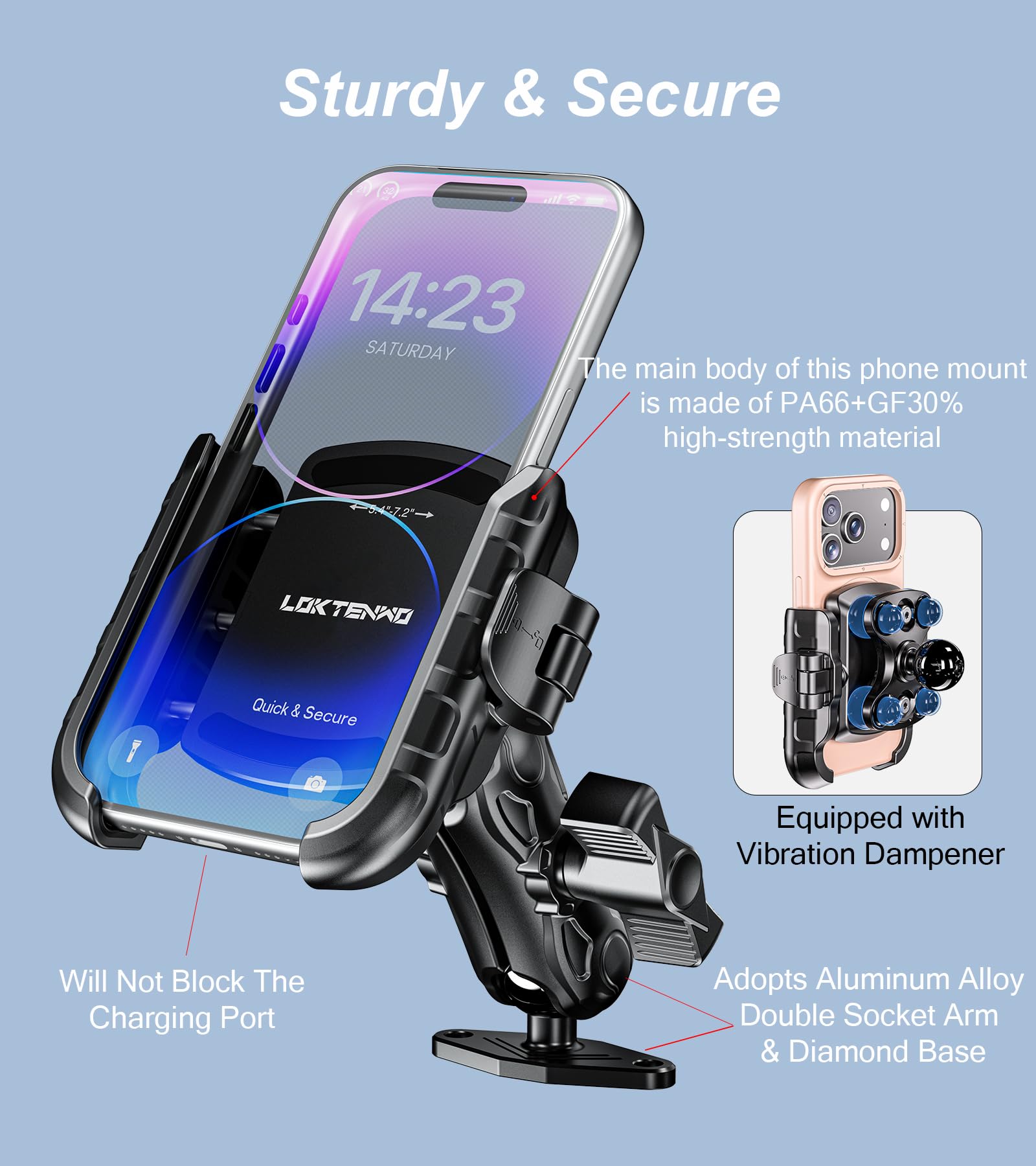 LOKTENWO Anti-Vibrations-Telefonhalterung mit Vibrationsdämpfer [Kamera ohne Blockierung] [1s Lock & Release] mit mittlerem Arm und Aluminium-Diamant-Basis für Auto, LKW, UTV, Boot, passend für