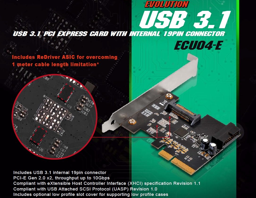 SilverStone SST-EC04-E - Karta Rozszerzeń PCI-E Z USB 3.0, 15-Pinowe Złącze Zasilania SATA, 1 x 20-Pin Wewnętrzny + 2 x Zewnętrzne Porty (Typ A)