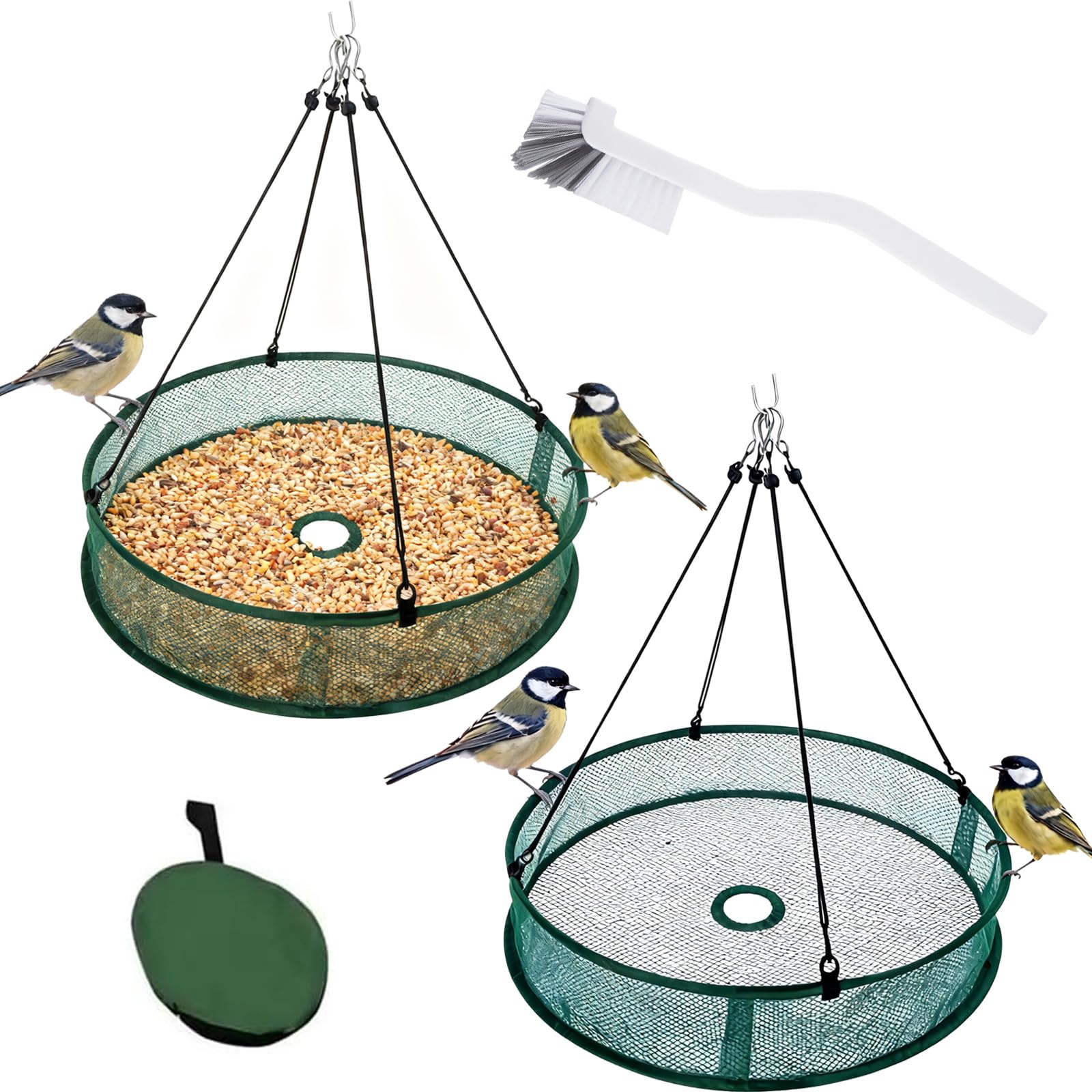 JYJLLM 2PCS Bird Seed Catcher Tray Set, Green Mesh Feed Net 50.5x10cm with White Cleaning Brush for Wild Bird Feeder Garden Outdoor