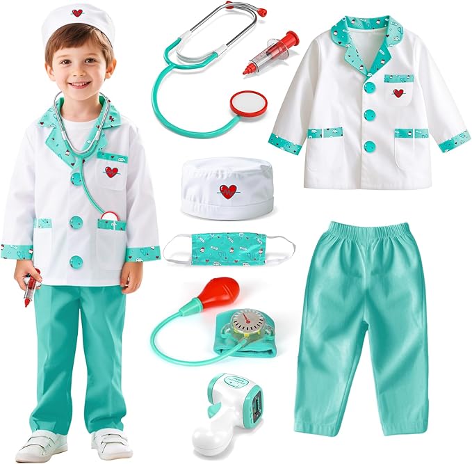 Lehoo Castle Doctor Costume for Kids, Doctor Dress Up and Play Set 8 PCS with Stethoscope, Role Play Costume for Toddlers 4-6