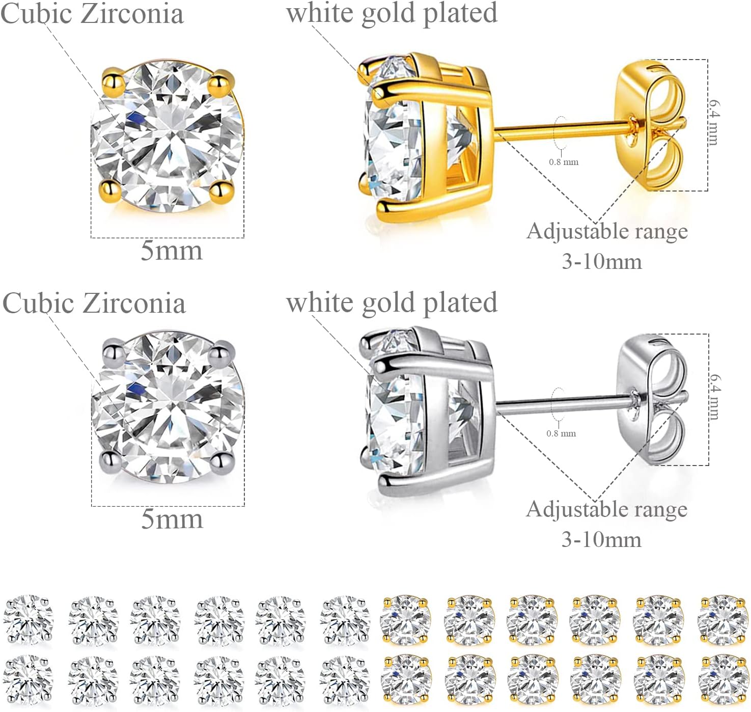 MDFUN Hypoallergenic CZ Stud Earrings Set for Women/Men,6 Pairs 18K Gold Plated Round 3-8mm Clear Cubic Zirconia Earring Pack Jewelry Gift