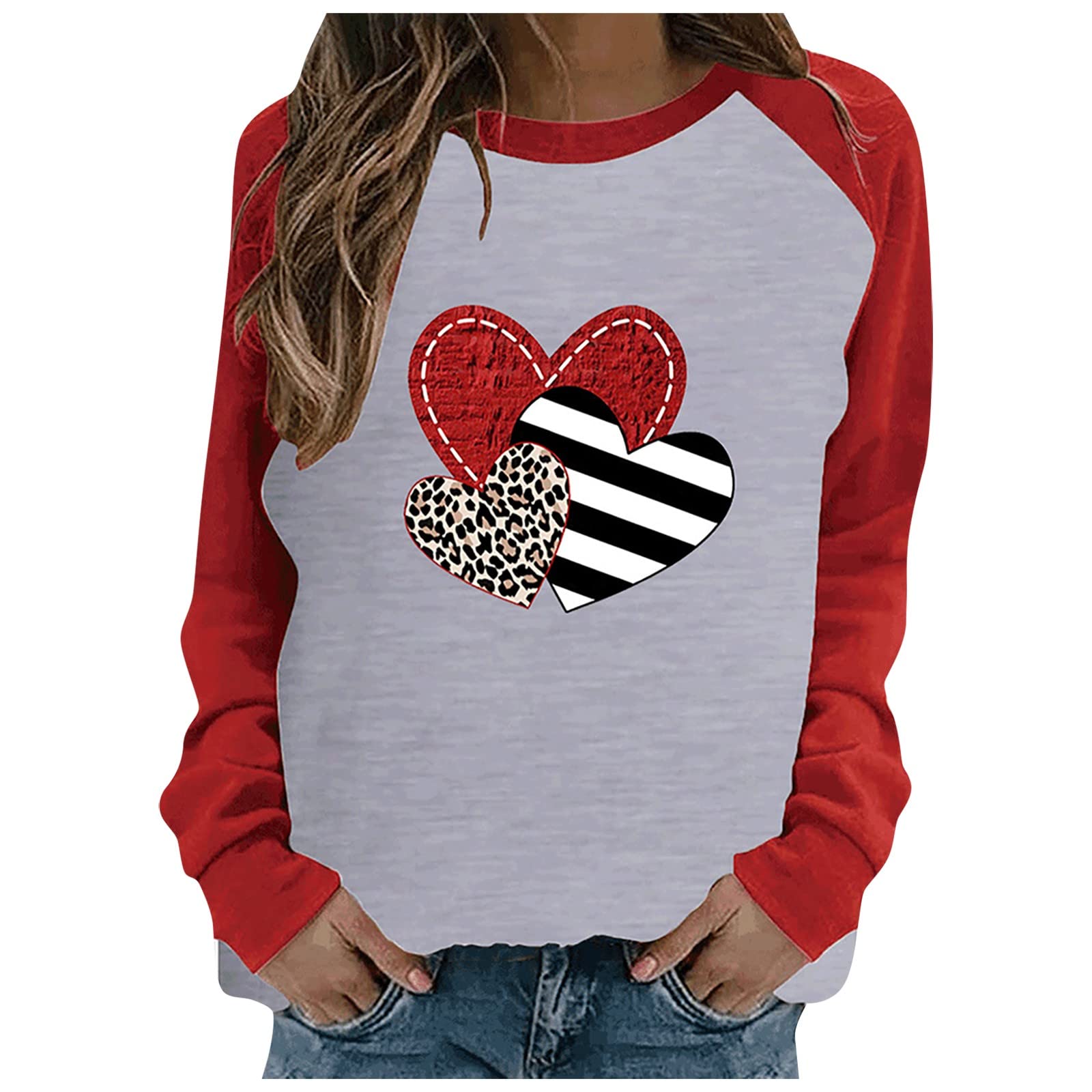 PAIHUIART Polyester Heart Valentine's Day Sweatshrit Womens Cozy Vacation O-Neck Cool T-Shirt Long Sleeve Cute Sweatshrits Lady