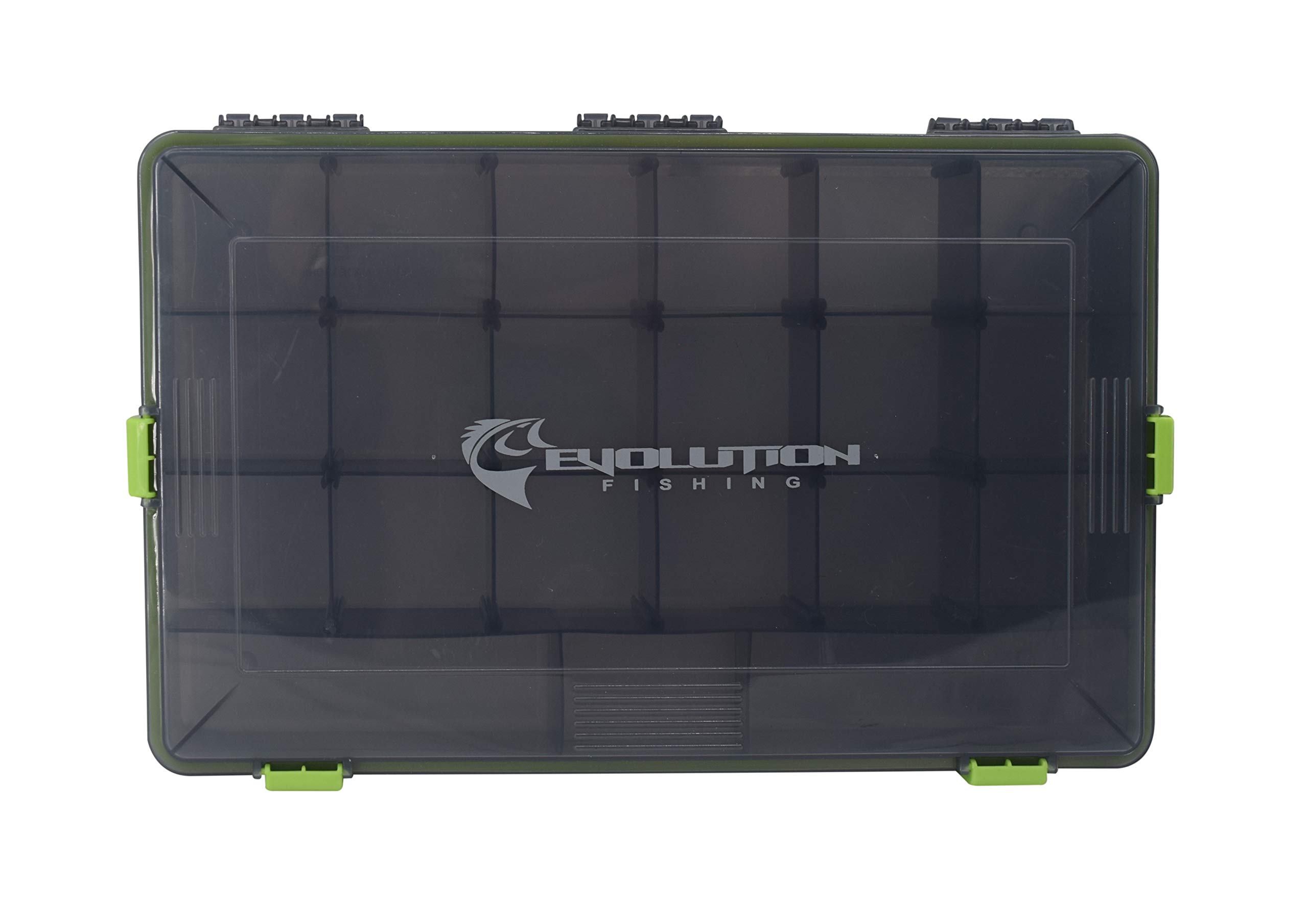 Evolution Outdoor Wodoszczelne przydymione czarne 4 zatrzaski 3700 tacka na sprzęt wędkarski pudełko zielone zatrzaski ze zdejmowanymi przegrodami taca na przynęty do przechowywania