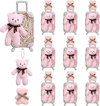 Kenning 30 Pcs Mini Empty Suitcase Storage Box Clear Travel Candy Box Suitcase with Bear Keychain Hairpin for Girls Women wedding birthday bridal shower Party Favors Travel Gifts S,Pink