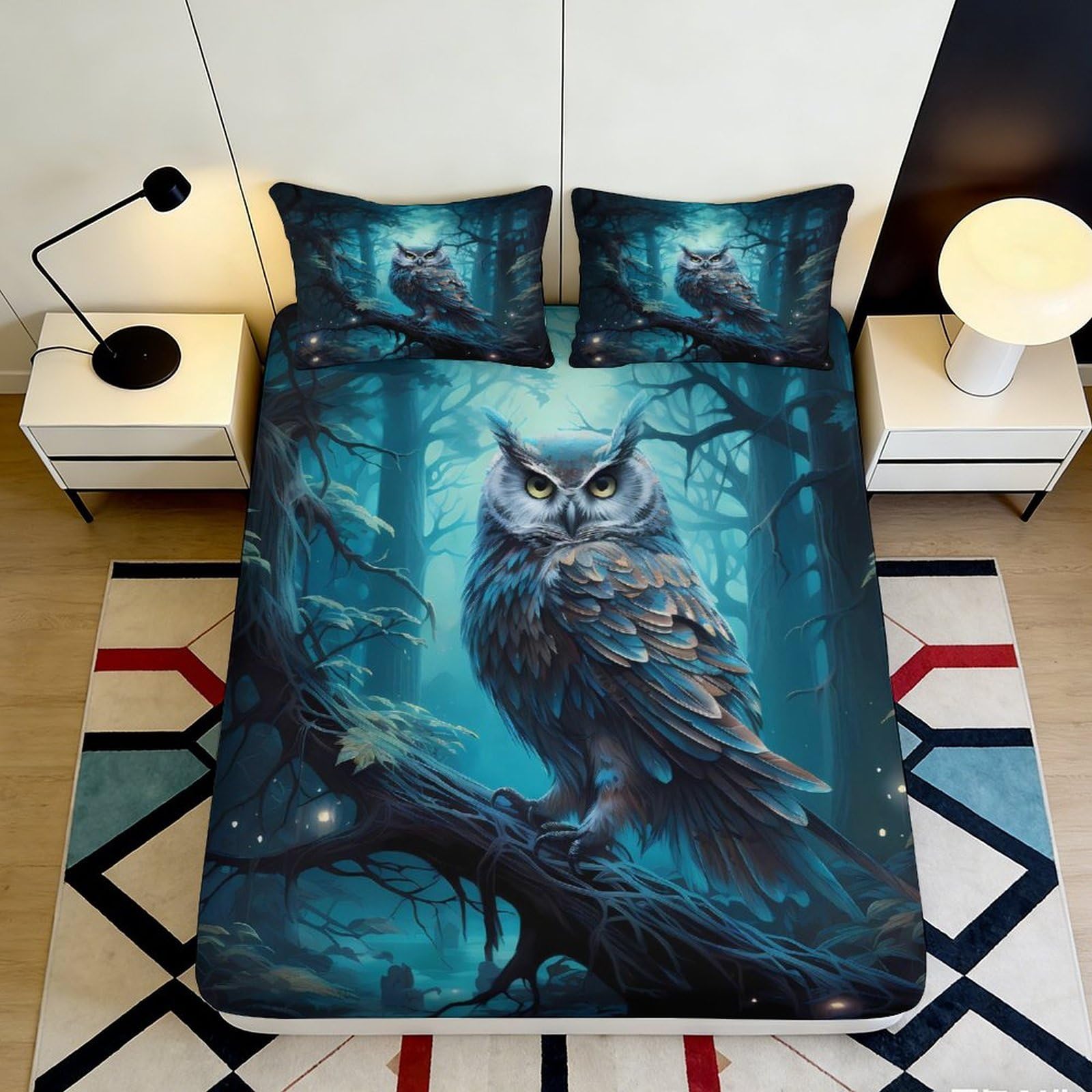 3D Printed Owl Forest Fitted Sheet Microfiber Non Slip Bed Cover for Bedroom Dorm Youth Mattress Protection Decor 90x200x25cm