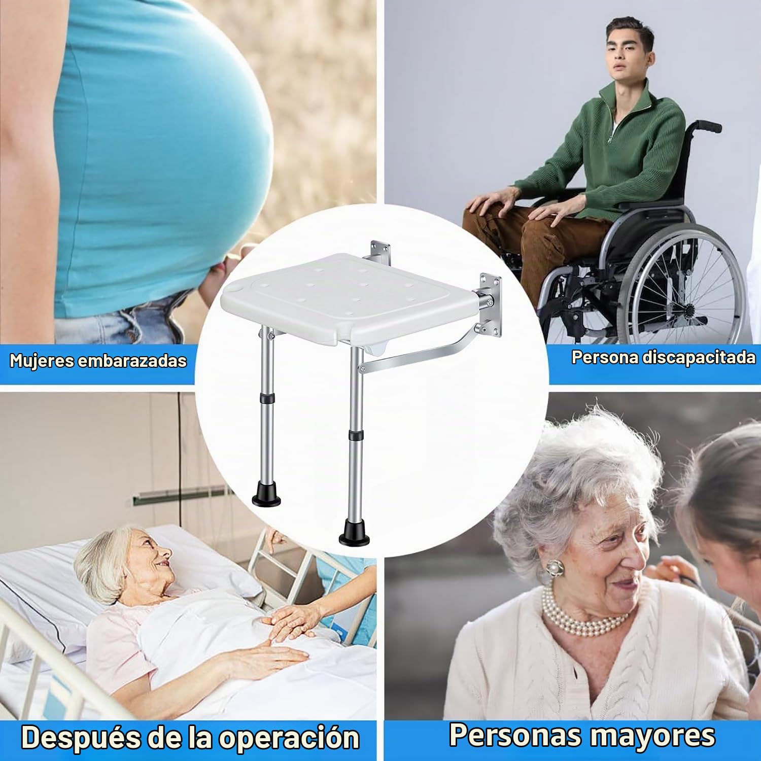 Silla Ducha Plegable,Altura Ajustable para Montaje en Pared,Carga Máxima De 180Kg,para Personas Mayores,Discapacitados
