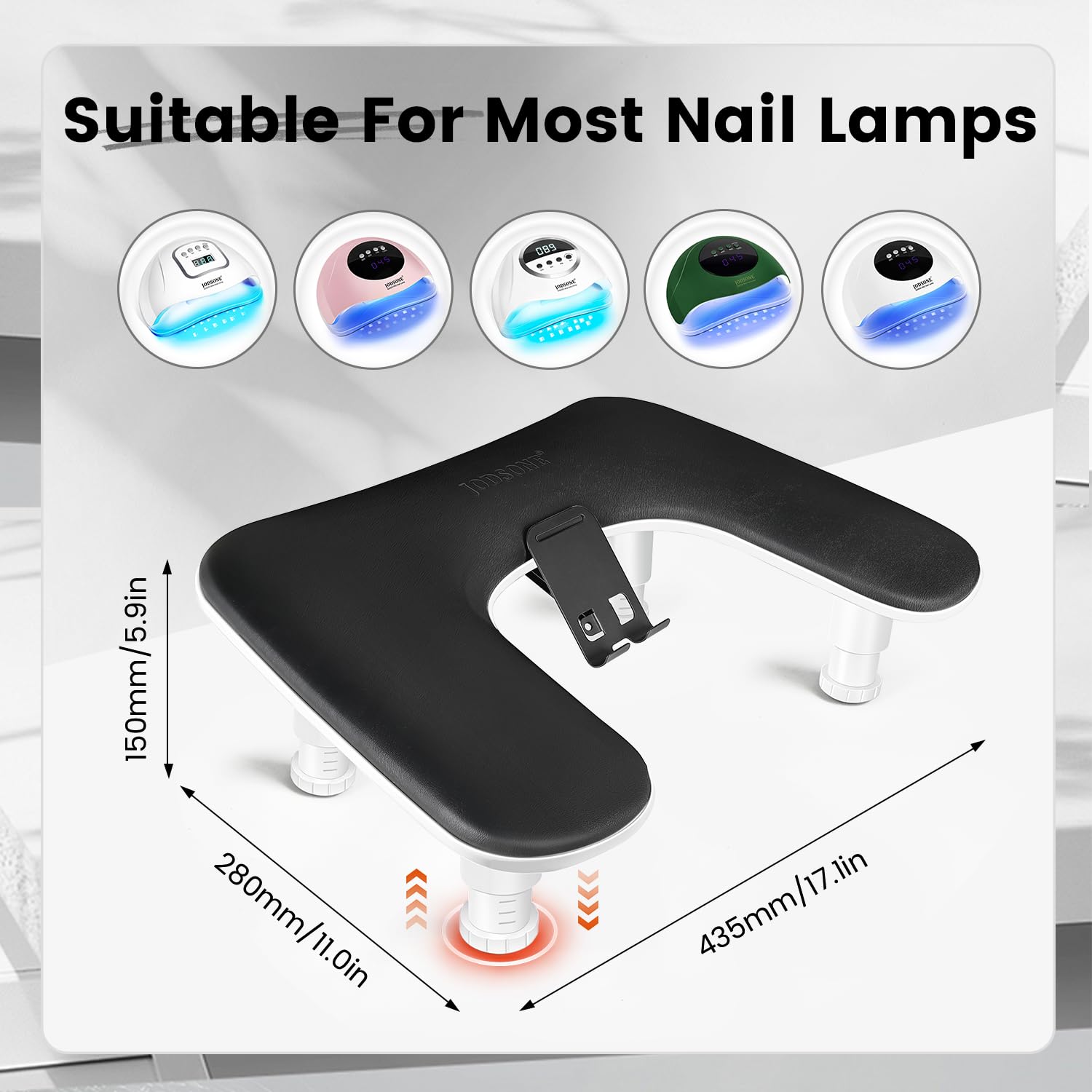 JODSONE U-Shaped Black Arm Rest for Nails Tech with Rotating 360°Built-In Phone Holder and Adjustable Nail Arm Rest Detachable Manicure Hand Rest for Salon Design image 5