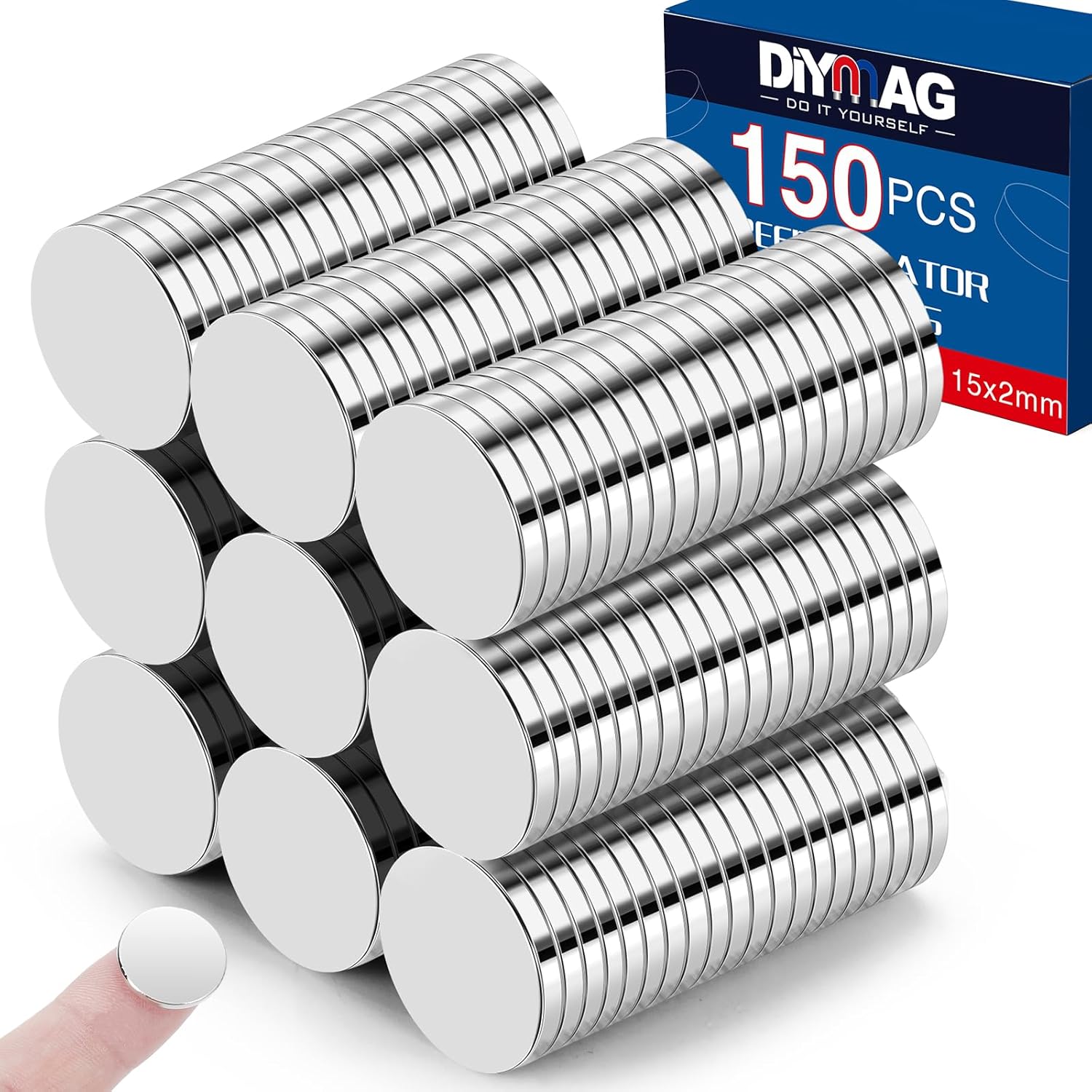 DIYMAG Small Stronge Rare Earth Magnets, 150 Pack, 15x2mm - Neodymium Magnets for Refrigerator, DIY, Crafts, Kitchen & Office