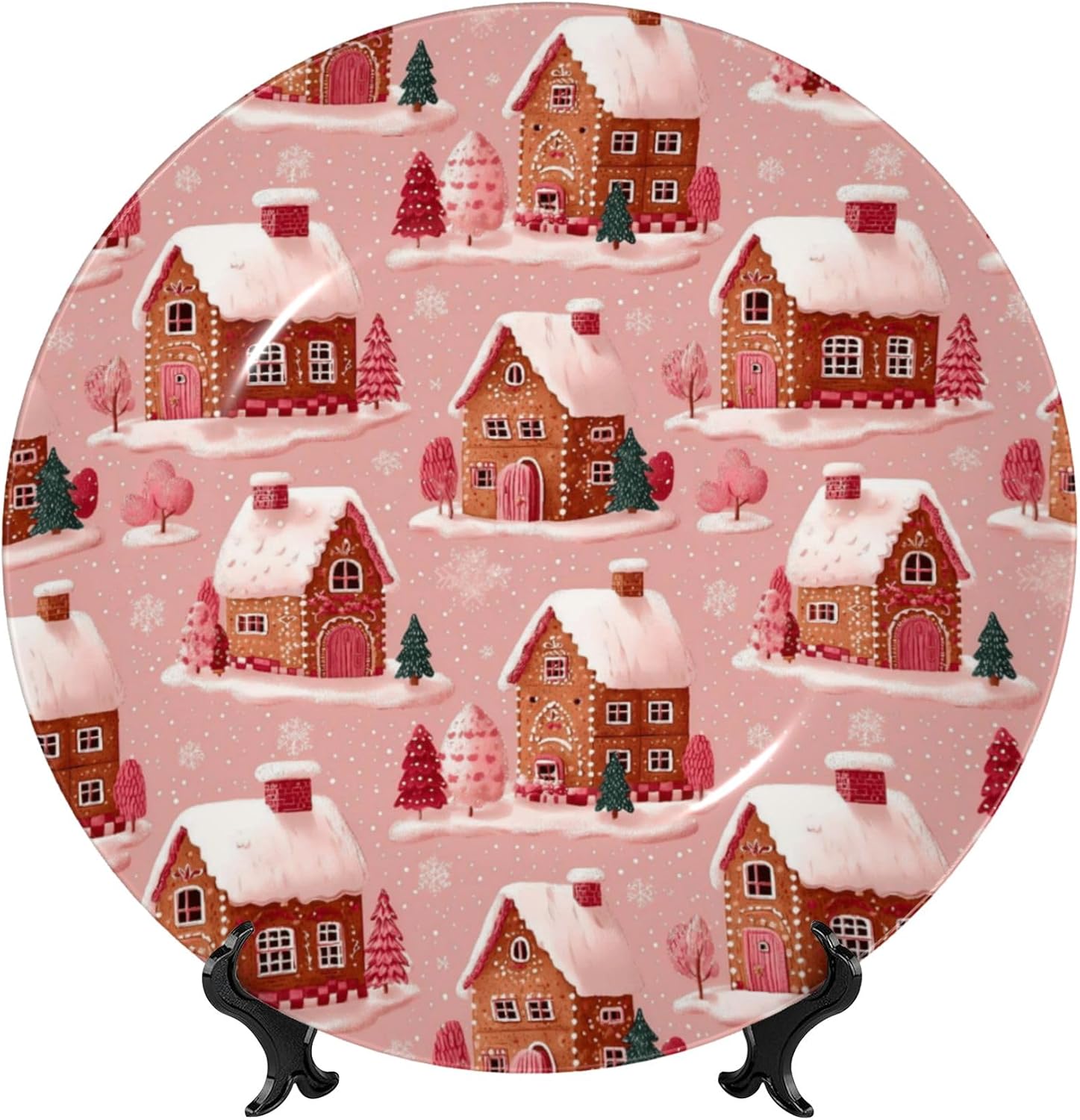 Decorative Plate Ceramic Plate for Wall Hanging 10in Accent Plate for Office Living Room Hallway Table Decor - Gingerbread Houses Pink Wonderland