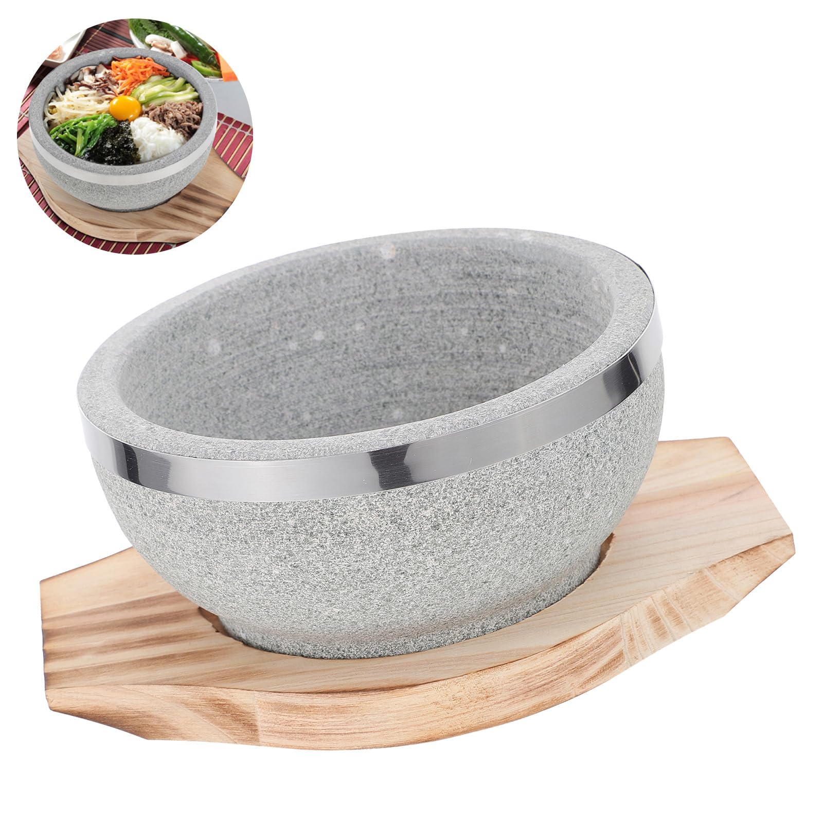 Bol coréen en pierre avec plateau en bois pour bibimbap chaud et sain