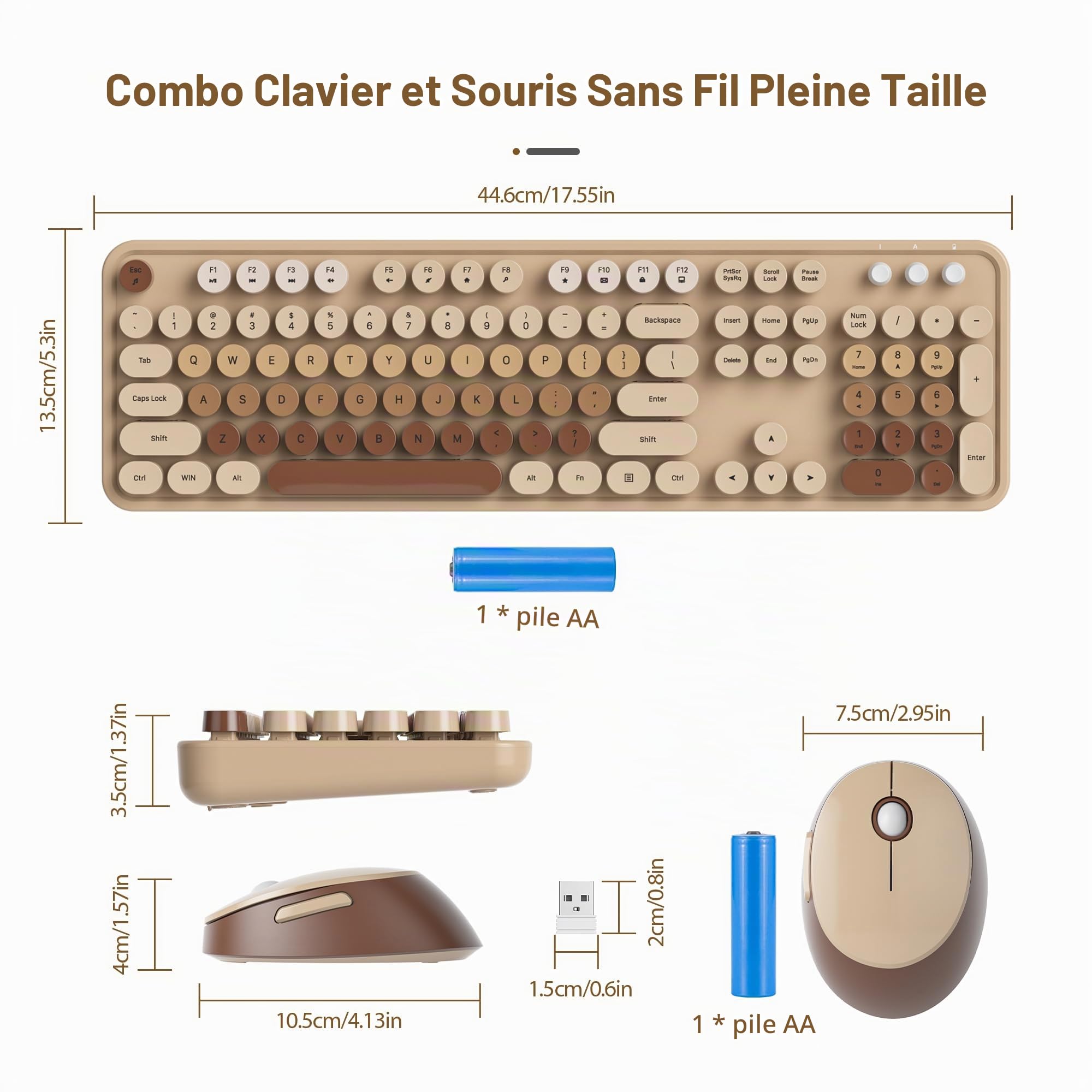 SOLIDEE Ensemble Clavier et Souris sans Fil - Clavier de Machine à écrire avec Touches Rondes, 2.4GHz, Pavé Numérique, 104 Touches (Américain QWERTY) (Mixed Coffee)