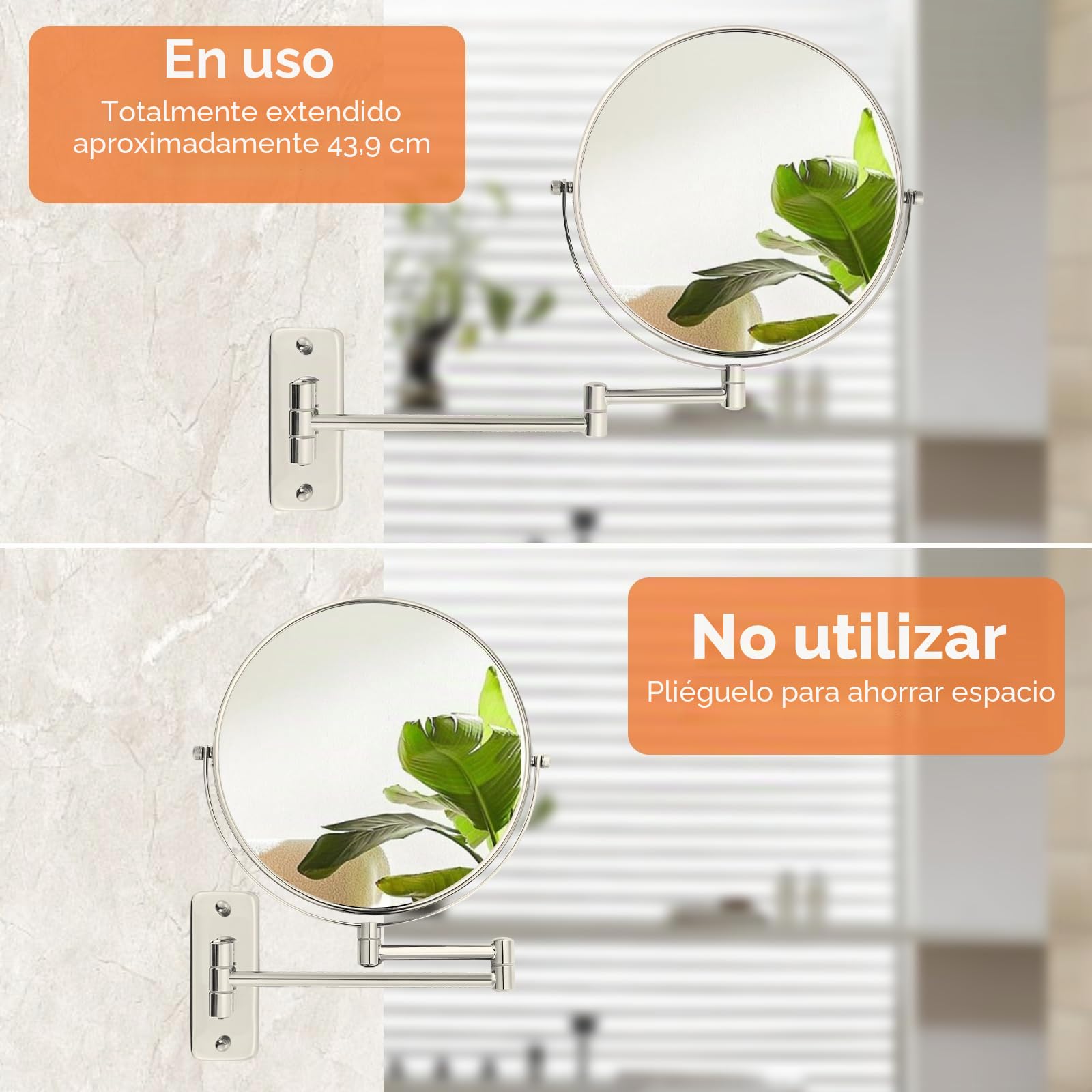Espejo de baño extensible de 8 pulgadas con aumento de 1X/10X, giratorio de 360° de doble cara y espejo de afeitado, acabado de níquel (sin luz)
