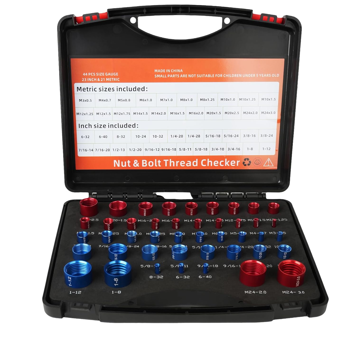 Thread Checker, 44 Nut and Bolt Thread Checker Individually Housed in Case, Bolt Size and Thread Gauge 23 Inch & 21 Metric, Suitable for Size Check in Tricky and Narrow Areas
