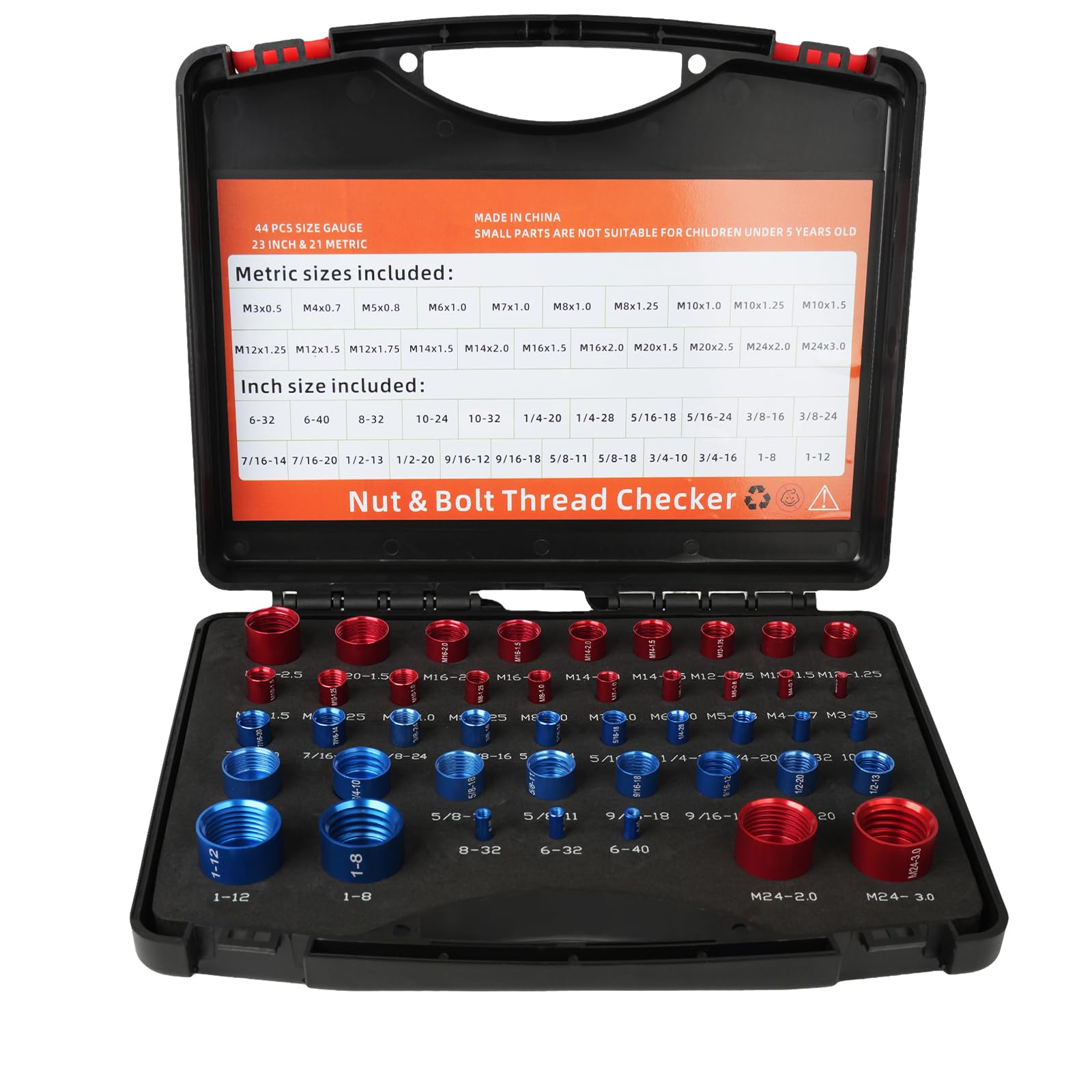 Gluwoer Thread Checker, 44 Nut and Bolt Thread Checker Individually Housed in Case, Bolt Size and Thread Gauge 23 Inch & 21 Metric, Suitable for Size