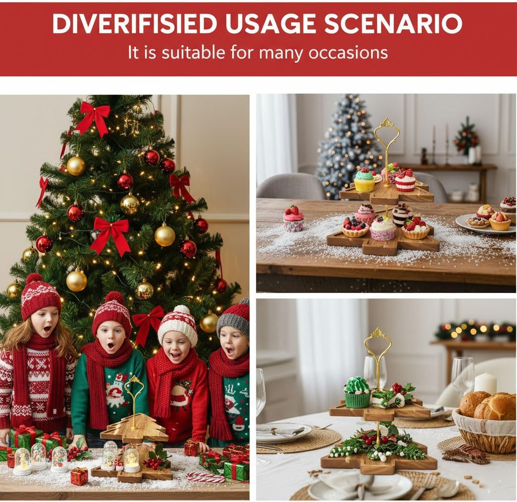 Christmas Tree 2-Tier Wood Serving Tray – Acacia Wooden Tiered Server for Holiday Table, Rustic Farmhouse Cheese Platter for Charcuterie, Cheese, Fruit & Desserts (15" & 11" Plates) (Wood Color)