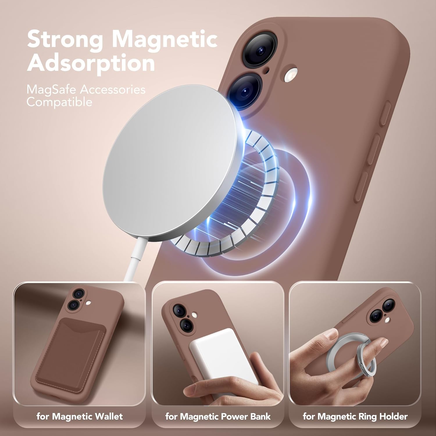 Magnetic for iPhone 16 Case, Compatible with MagSafe, [Screen Protector + Full Camera Protection], Silicone Shockproof Anti-Scratch Protective Phone Case for iPhone 16 6.1", Brown Brown iPhone 16