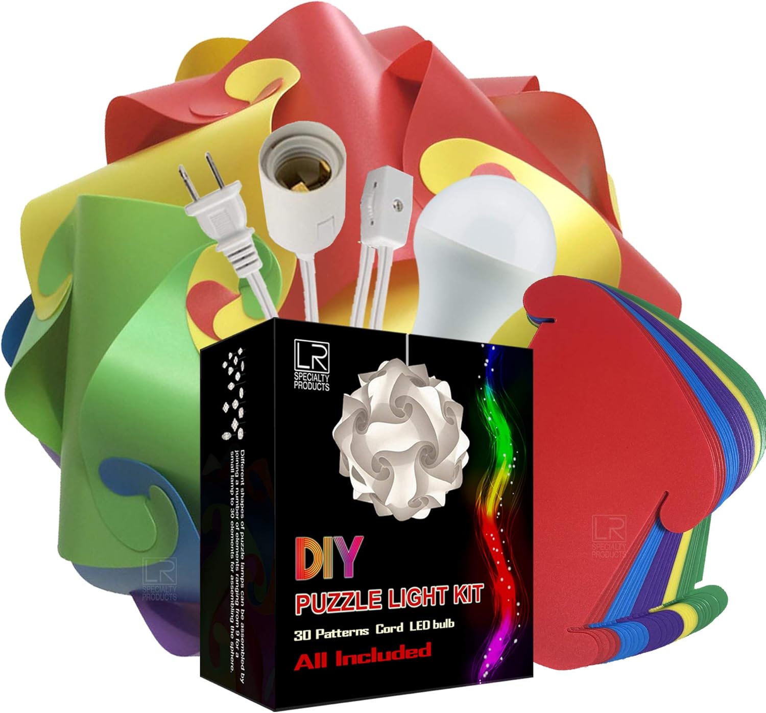 L&R DIY Puzzle Jigsaw Lamp Kit - Cord & Bulb Included - IQ Medium Shade Light - Makes 13" Globe Shape (Multi-Colored)