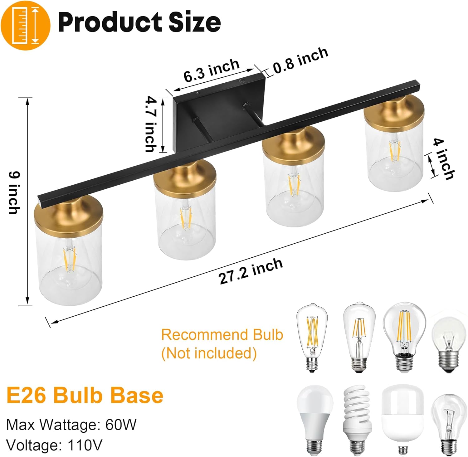 GROWER 4 Lights Bathroom Light Fixtures, Black and Gold Bathroom Vanity Lights Over Mirror, Wall Sconces with Clear Glass Shade, Brushed Nickel Vanity Light Fixture for Bedroom Hallway Porch