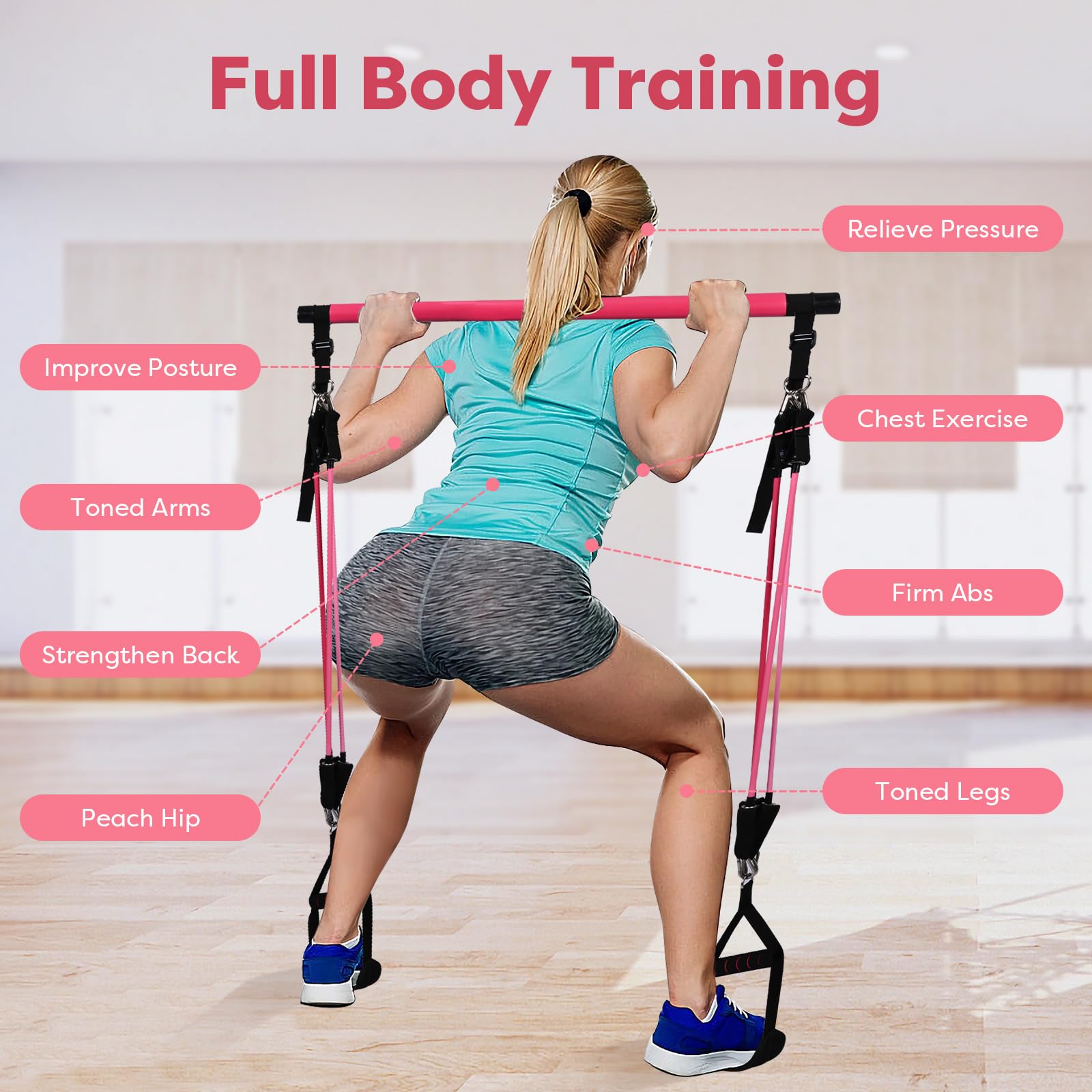 Barra de Pilates, Niest Barra Pilates Hecha de Hierro con 6 Bandas de Resistencia de Tubo de Látex Natural(30-240lbs), Gomas Elasticas Musculacion para Gimnasio En Casa, Navidad