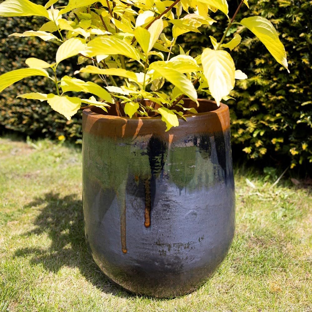 Primrose Grey Blue With Terracotta H26cm Terracotta Tall Round Planter In Grey Blue Garden Patio Flower Pot