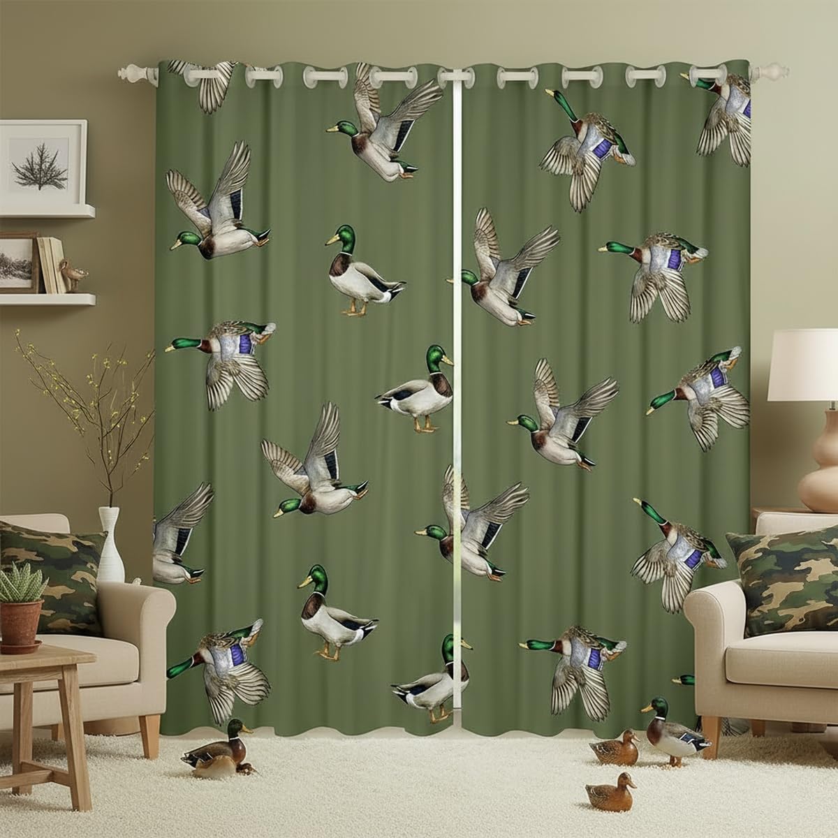 Erosebridal Mallard Duck Curtains 2 Panels,42" W x 63" L Duck Hunting Theme Blackout Curtains for Boys Girls Mallard Duck Wild Animals Window Curtains Flying Duck Wildlife Decor Window Treatments