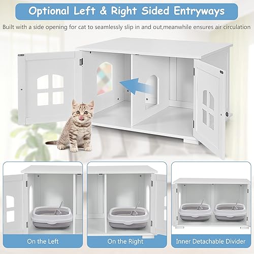 Miniatura 6 de Tangkula Caja de arena para gatos, mesita de noche para gatos con puertas dobles y ventanas, banco de almacenamiento para baño, casa decorativa para