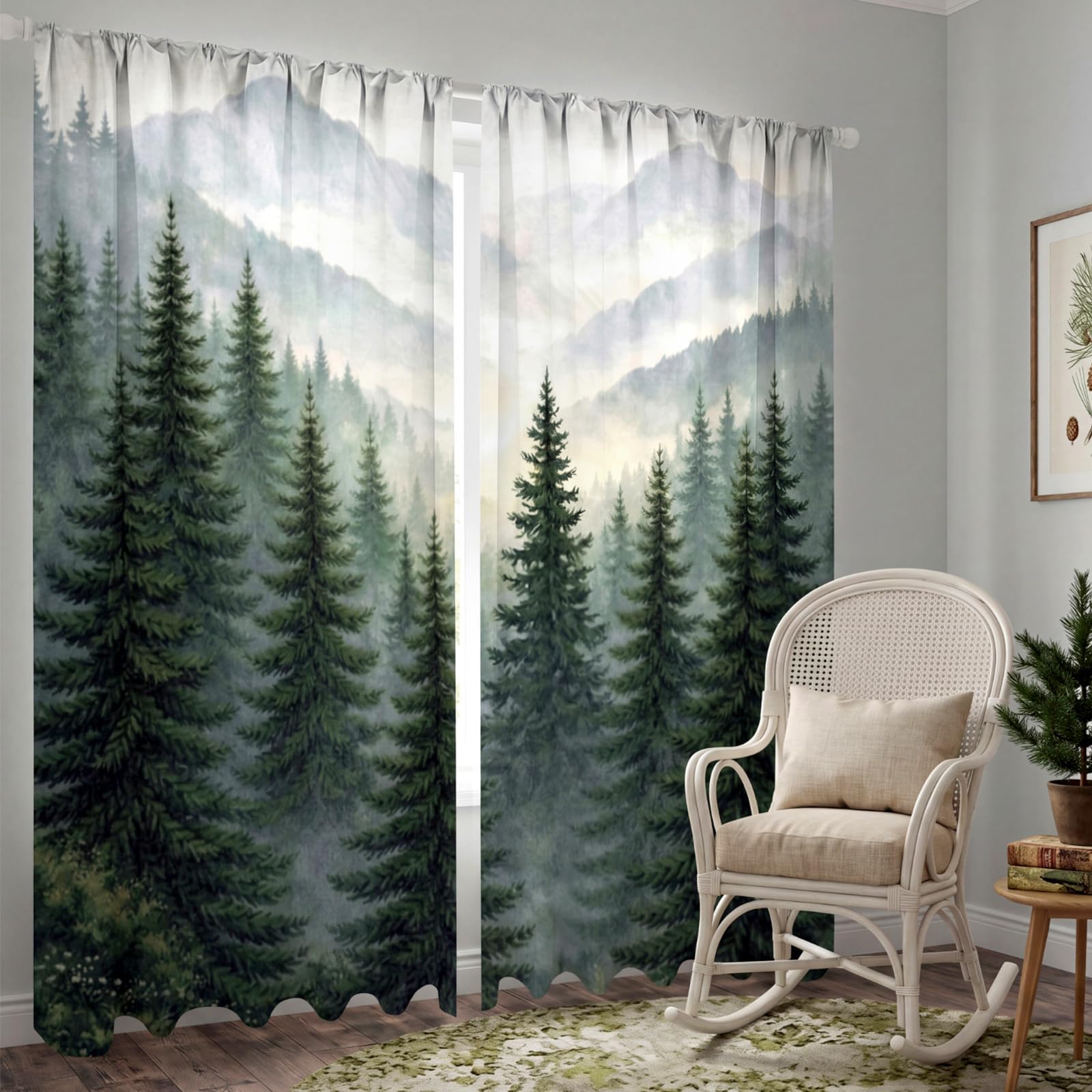SmoothNovelty 2 Pcs Green Misty Forest Curtains for Living Room Mountain