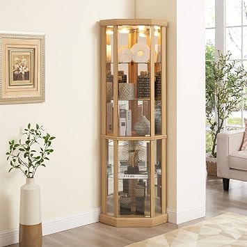 Lighted Corner Curio Cabinet with Tempered Glass Doors, Mirrored Back Panel, Adjustable Shelves - 16.46" L x 16.46" W x 69.84" H Light Oak