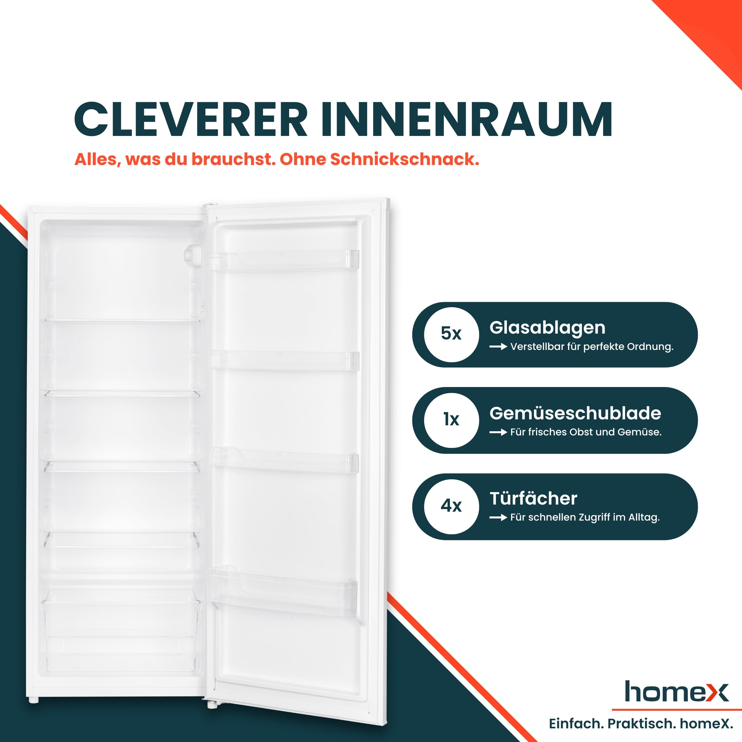 homeX CS2422E-W Kühlschrank ohne Gefrierfach groß 242 Liter freistehend | Vollraumkühlschrank, leiser Standkühlschrank, Fridge, Getränkekühlschrank, 5 Ablagen, LED-Beleuchtung, 143 cm hoch, weiß