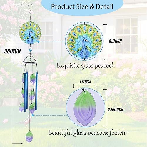 Miniatura 2 de MUMTOP Campanillas de viento para exteriores de cristal de pavo real, campanillas de viento de tono profundo para exteriores, únicas para patio,