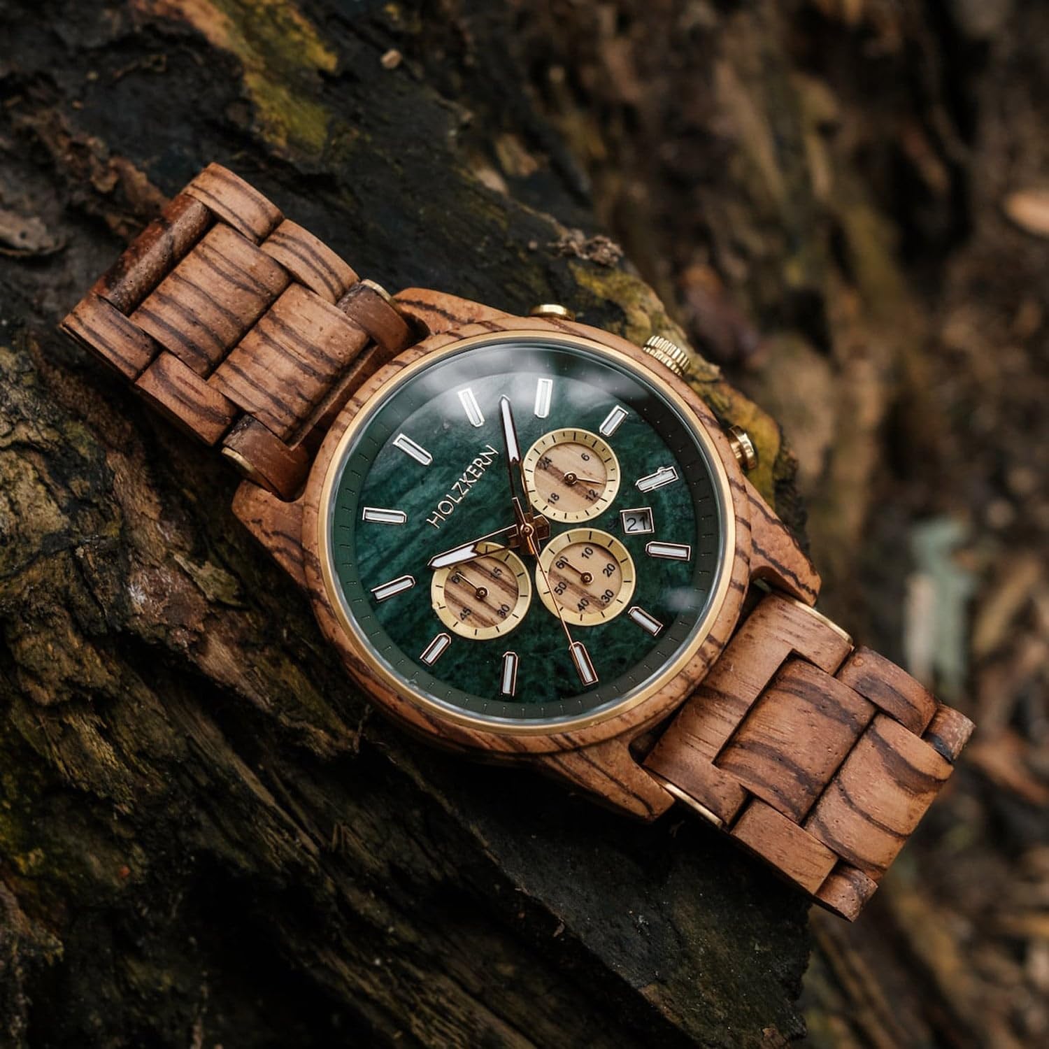 HOLZKERN Herrenuhr Chronograph Blätterdach Zebrano/Marmor 9010631016371