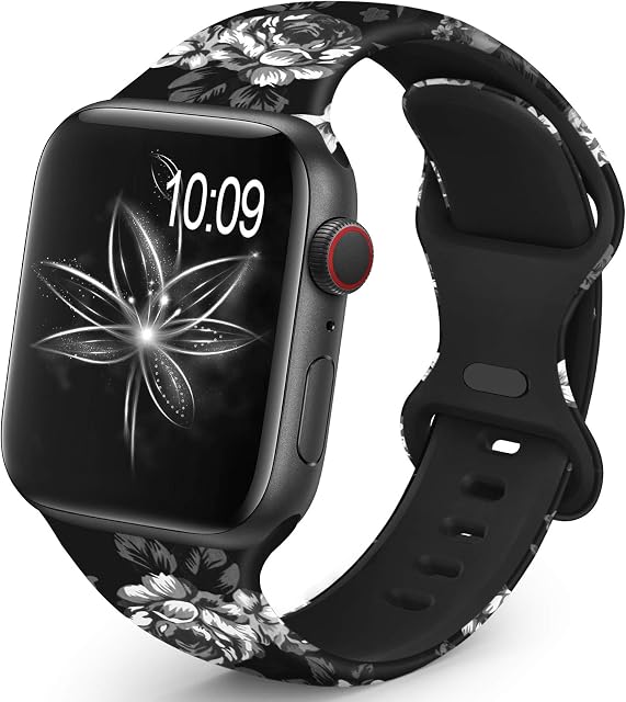 OHOTLOVE Compatible with Apple Watch 38mm 40mm 41mm 42mm 44mm 45mm for Women Men, Soft Silicone Pattern Printed Replacement Wristband Band For Iwatch SE Series 8 7 6 5 4 3 2 1.Black flowerA